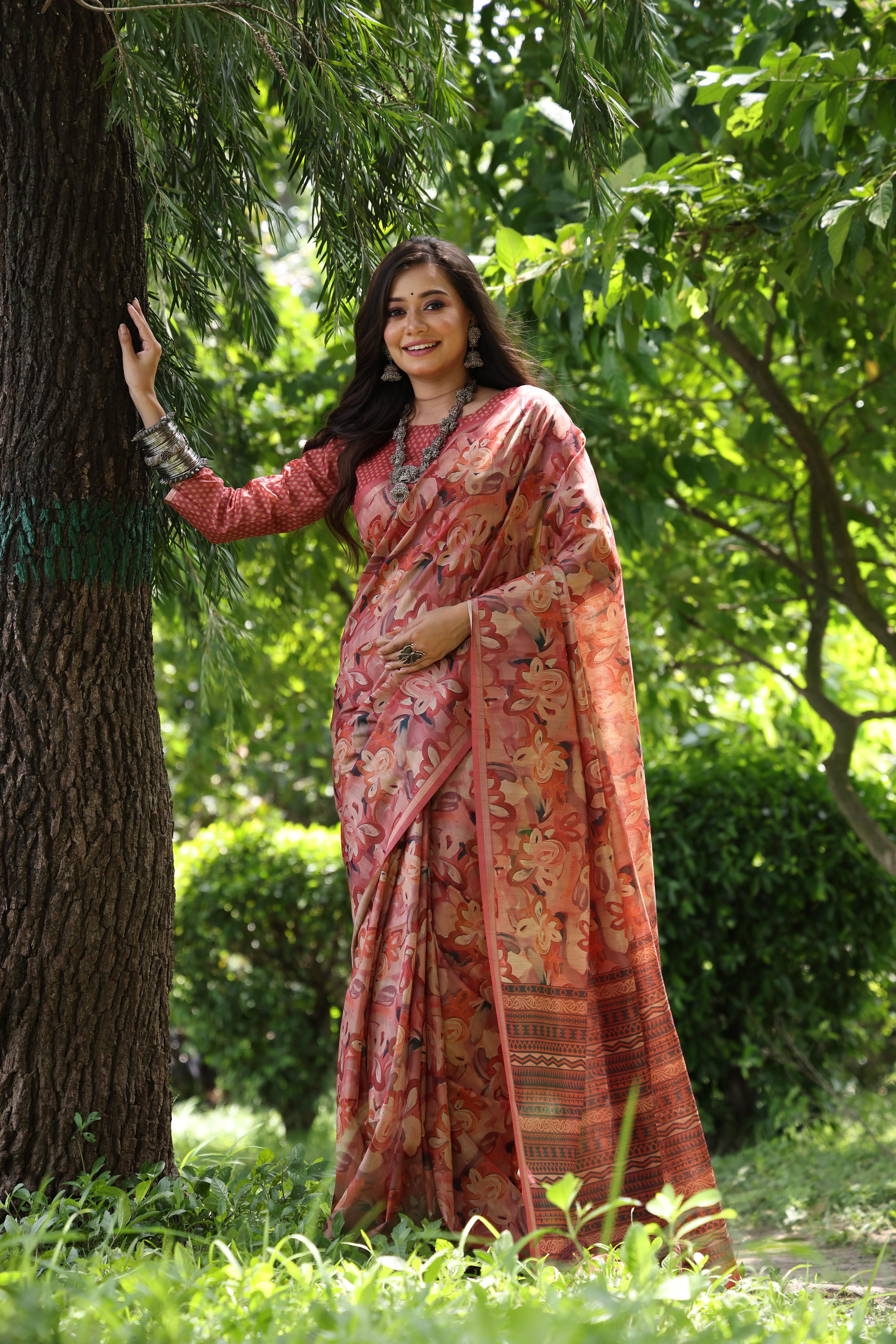 Kashi- Kalamkari Saree Floral Design Tussar Silk Blend Zari Weaving Border And Rich Pallu With Blouse