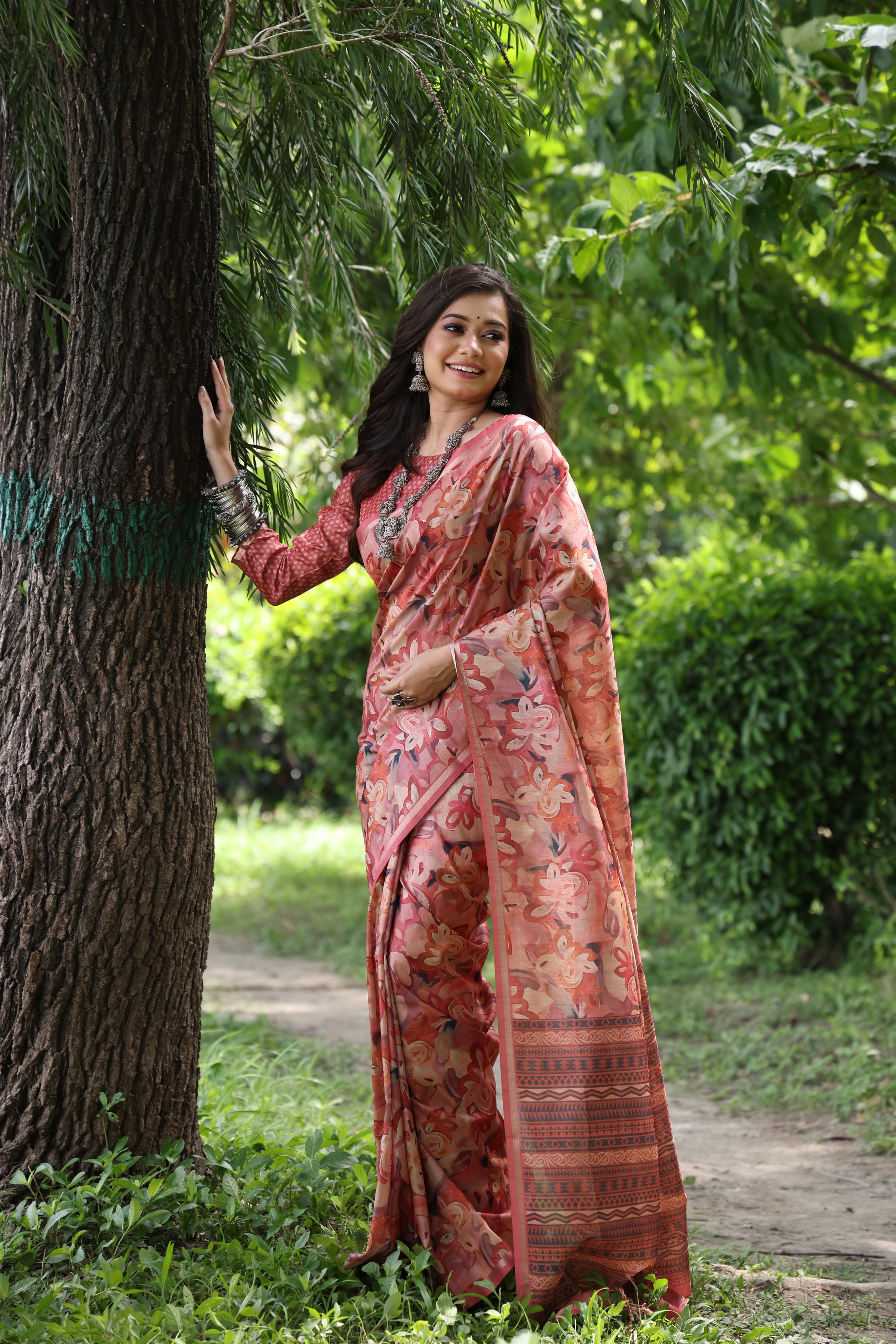 Kashi- Kalamkari Saree Floral Design Tussar Silk Blend Zari Weaving Border And Rich Pallu With Blouse