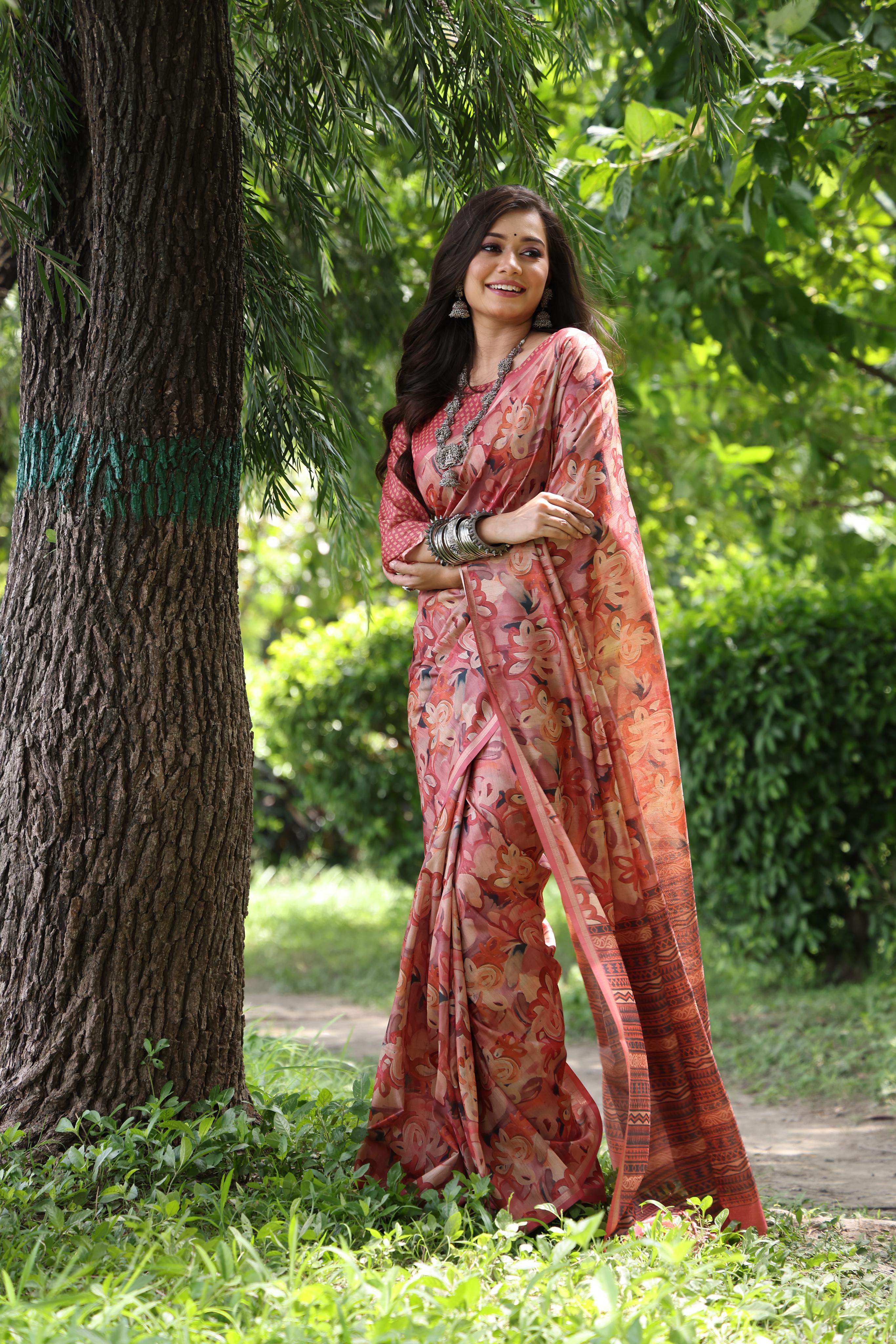 Kashi- Kalamkari Saree Floral Design Tussar Silk Blend Zari Weaving Border And Rich Pallu With Blouse