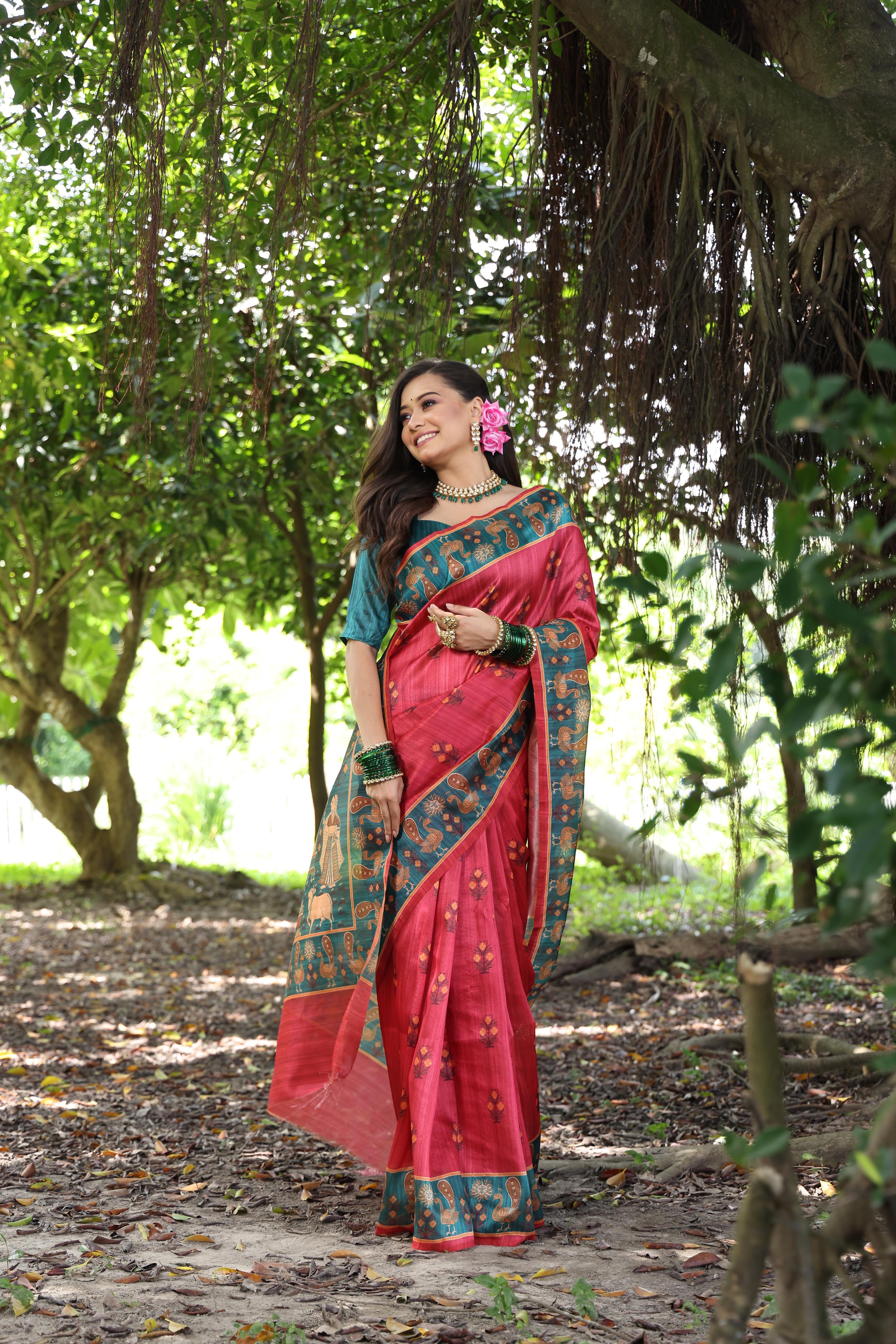 Tant- Women Peacock Print Soft Tussar Silk Saree