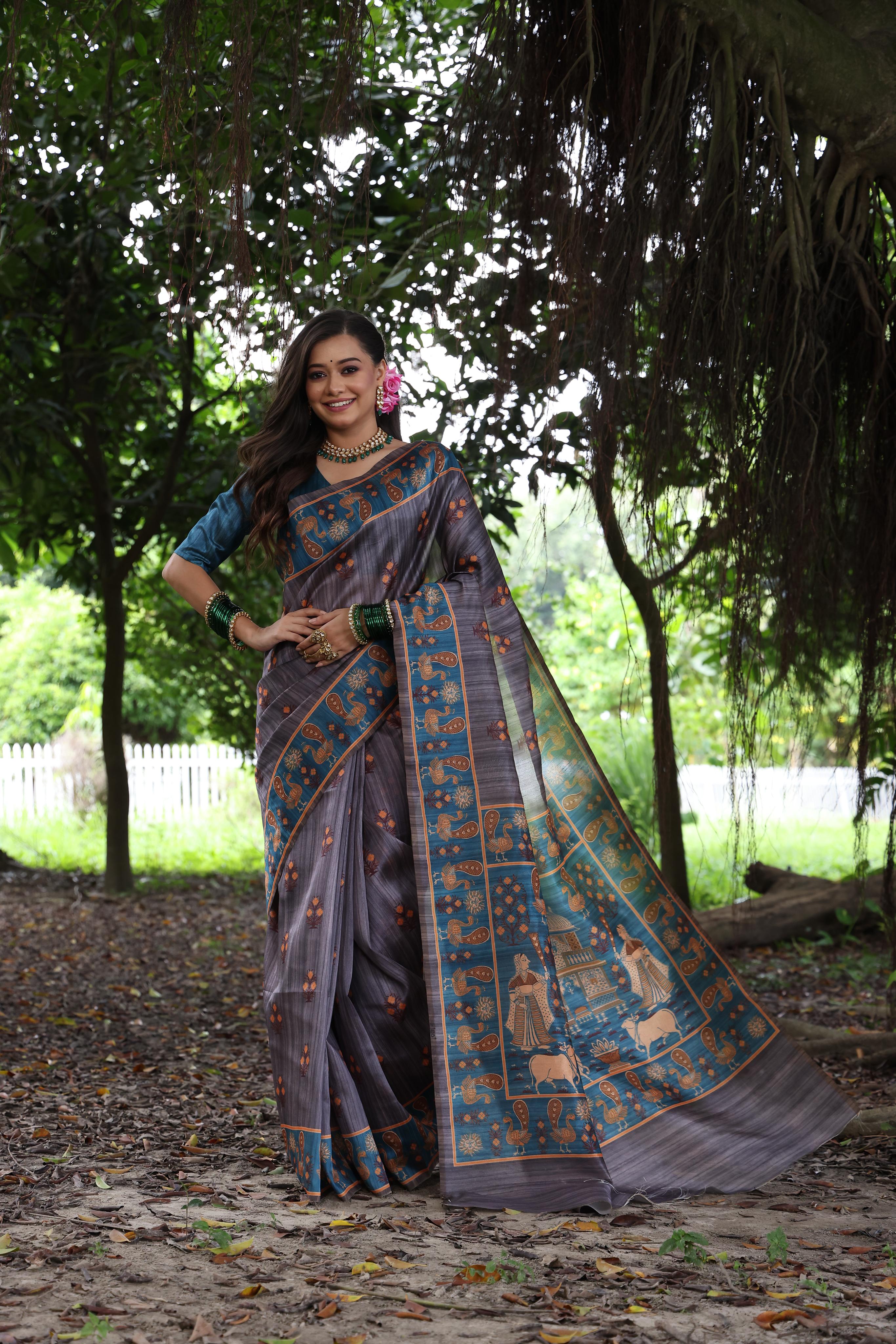 Tant- Women Peacock Print Soft Tussar Silk Saree