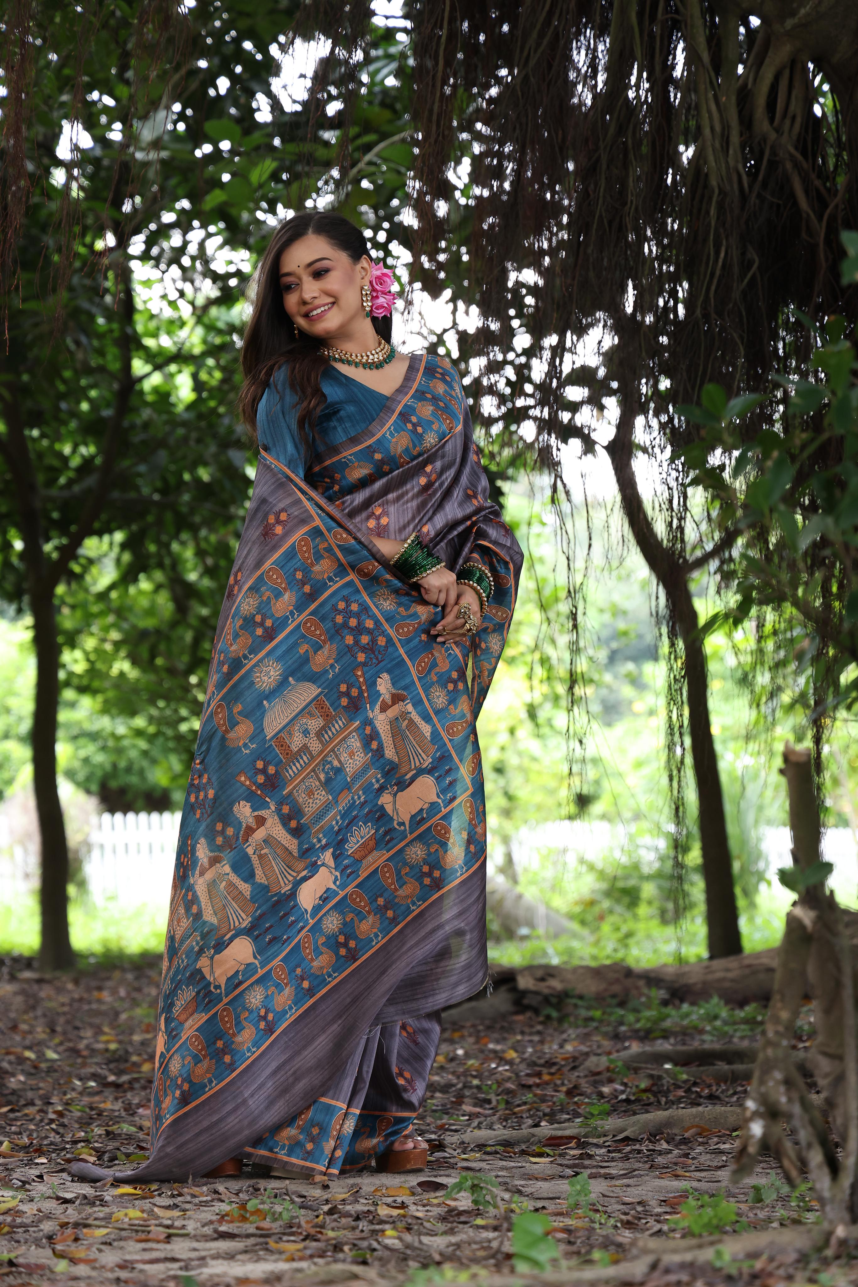 Tant- Women Peacock Print Soft Tussar Silk Saree