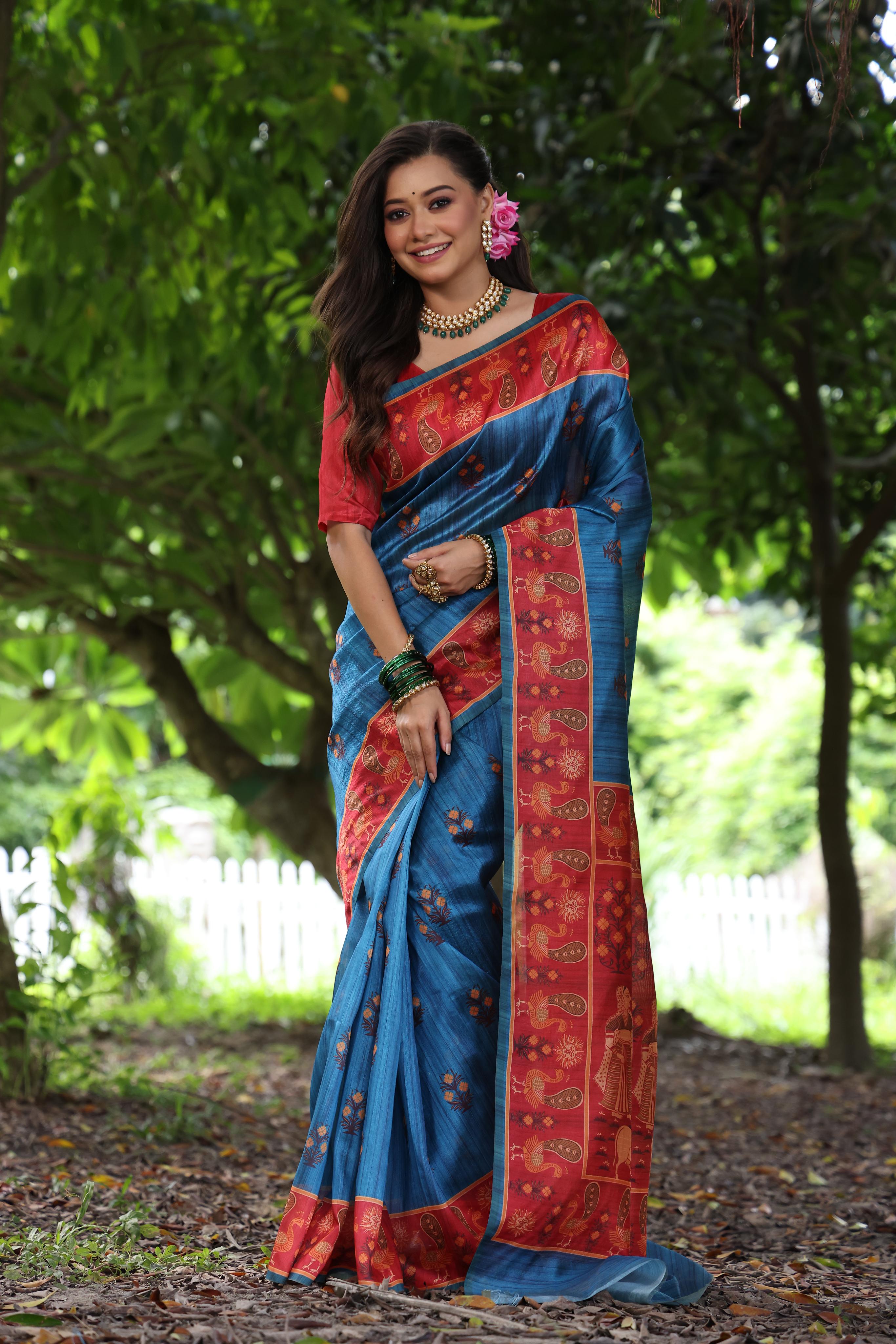 Tant- Women Peacock Print Soft Tussar Silk Saree