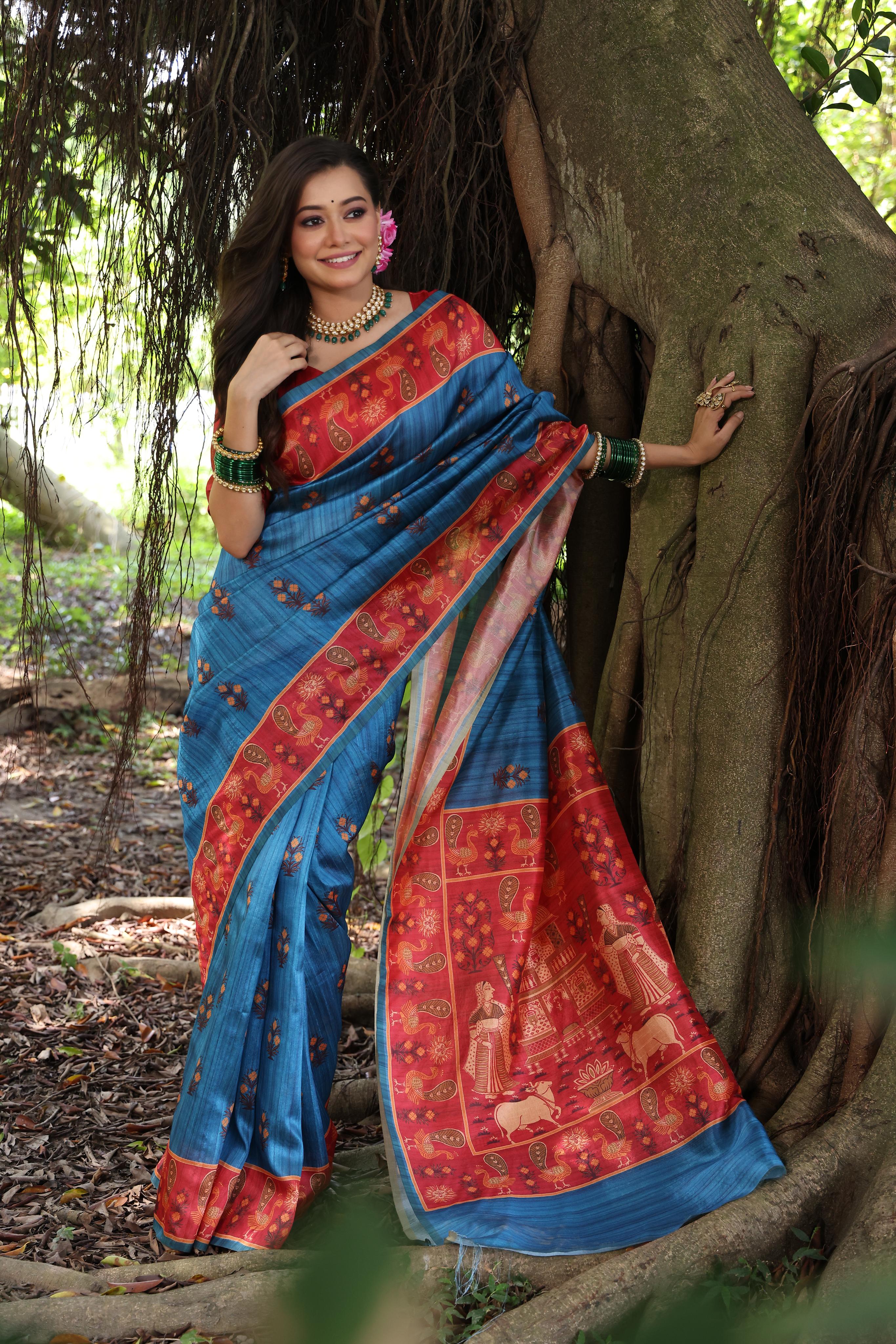 Tant- Women Peacock Print Soft Tussar Silk Saree