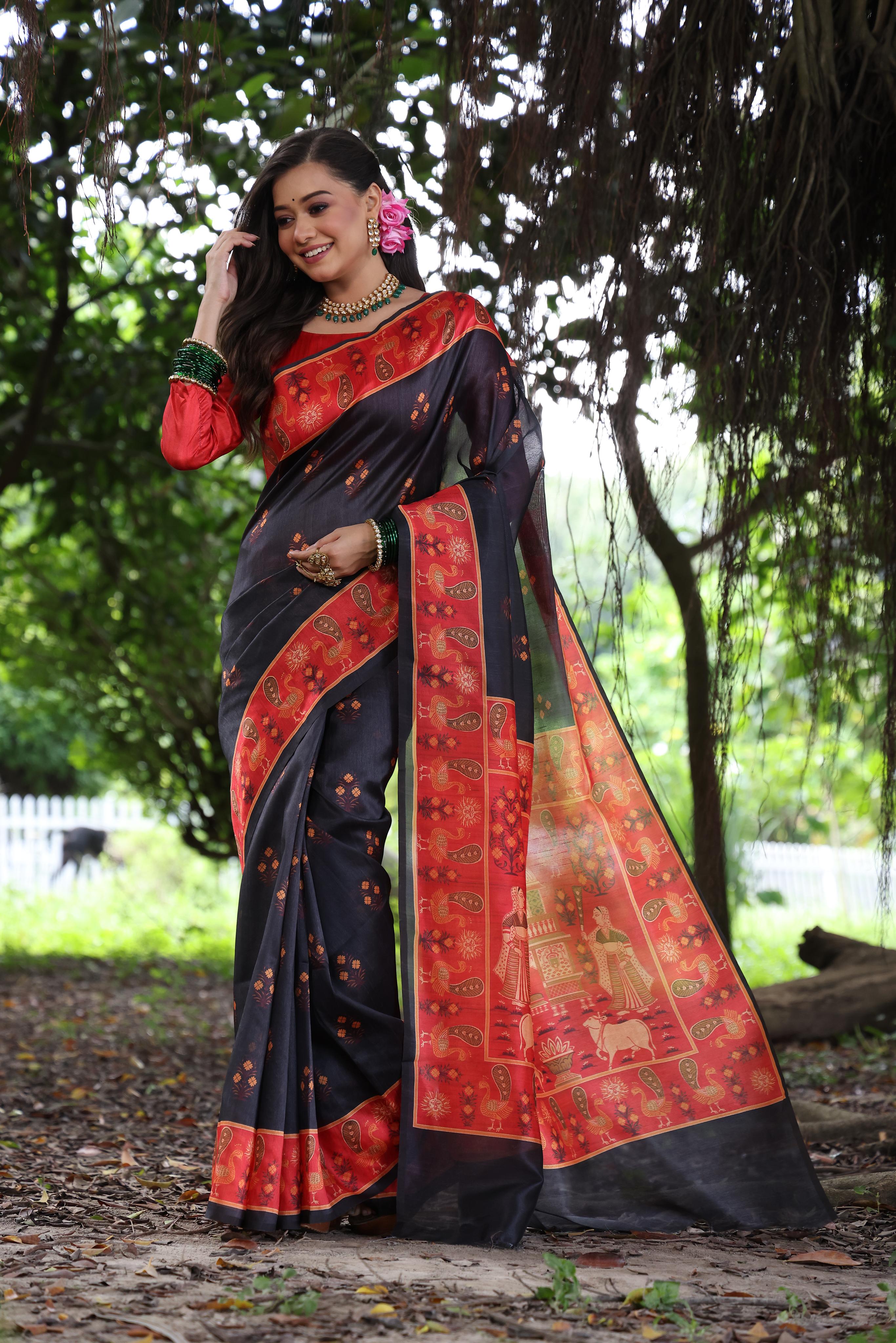 Tant- Women Peacock Print Soft Tussar Silk Saree