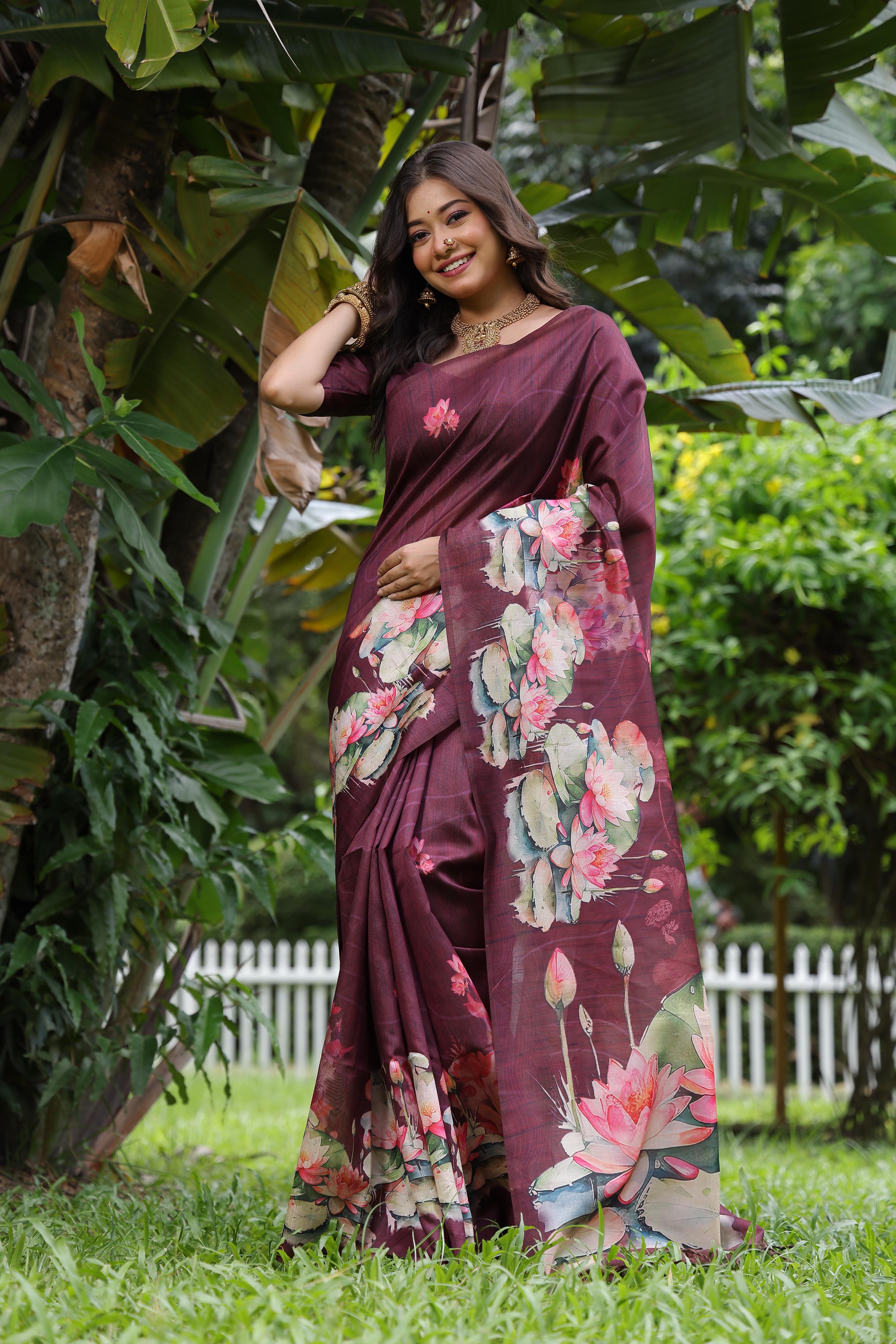 Awariya- Lotus Bloom  Floral printed saree with printed  Soft Silk Saree