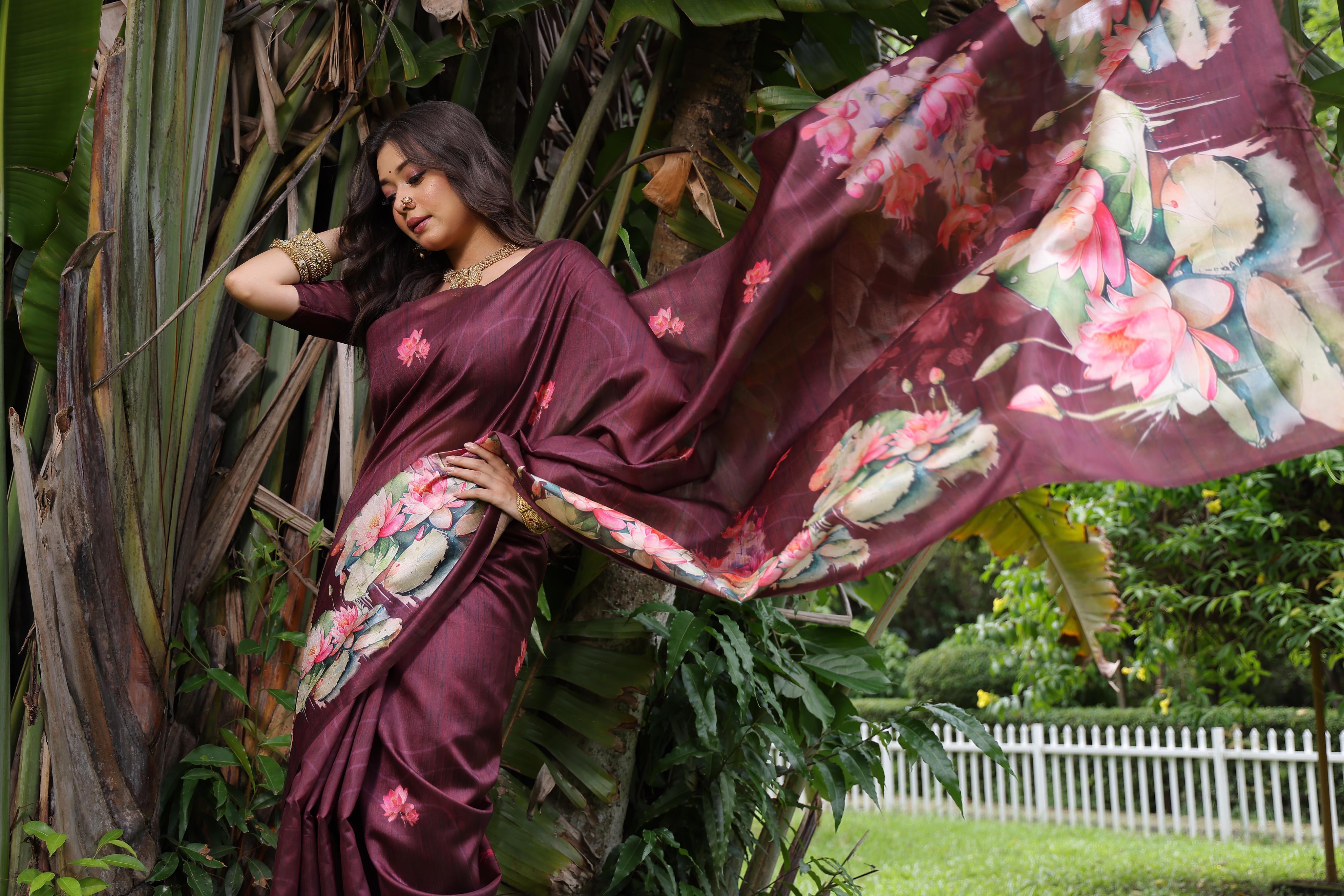 Awariya- Lotus Bloom  Floral printed saree with printed  Soft Silk Saree