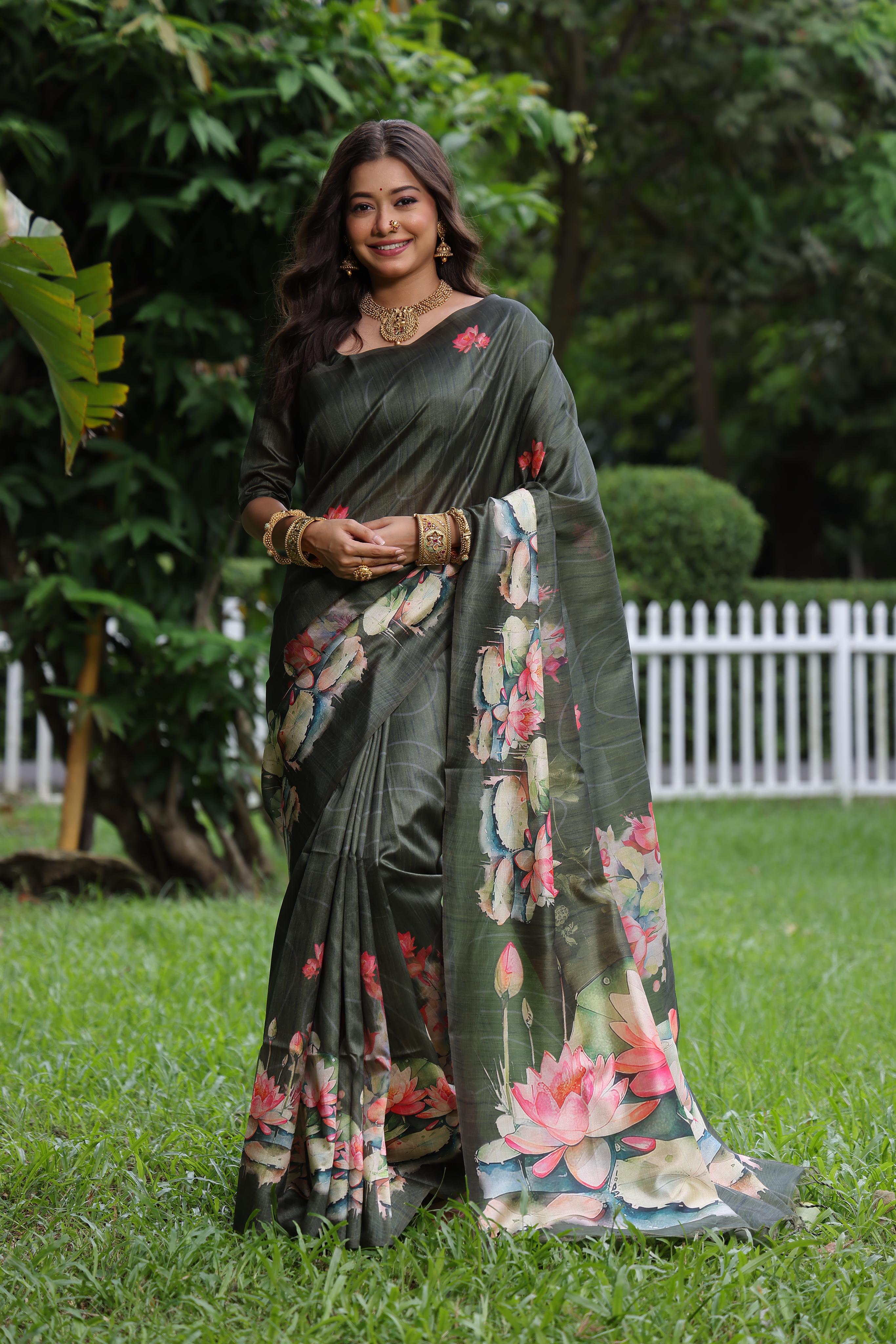 Awariya- Lotus Bloom  Floral printed saree with printed  Soft Silk Saree