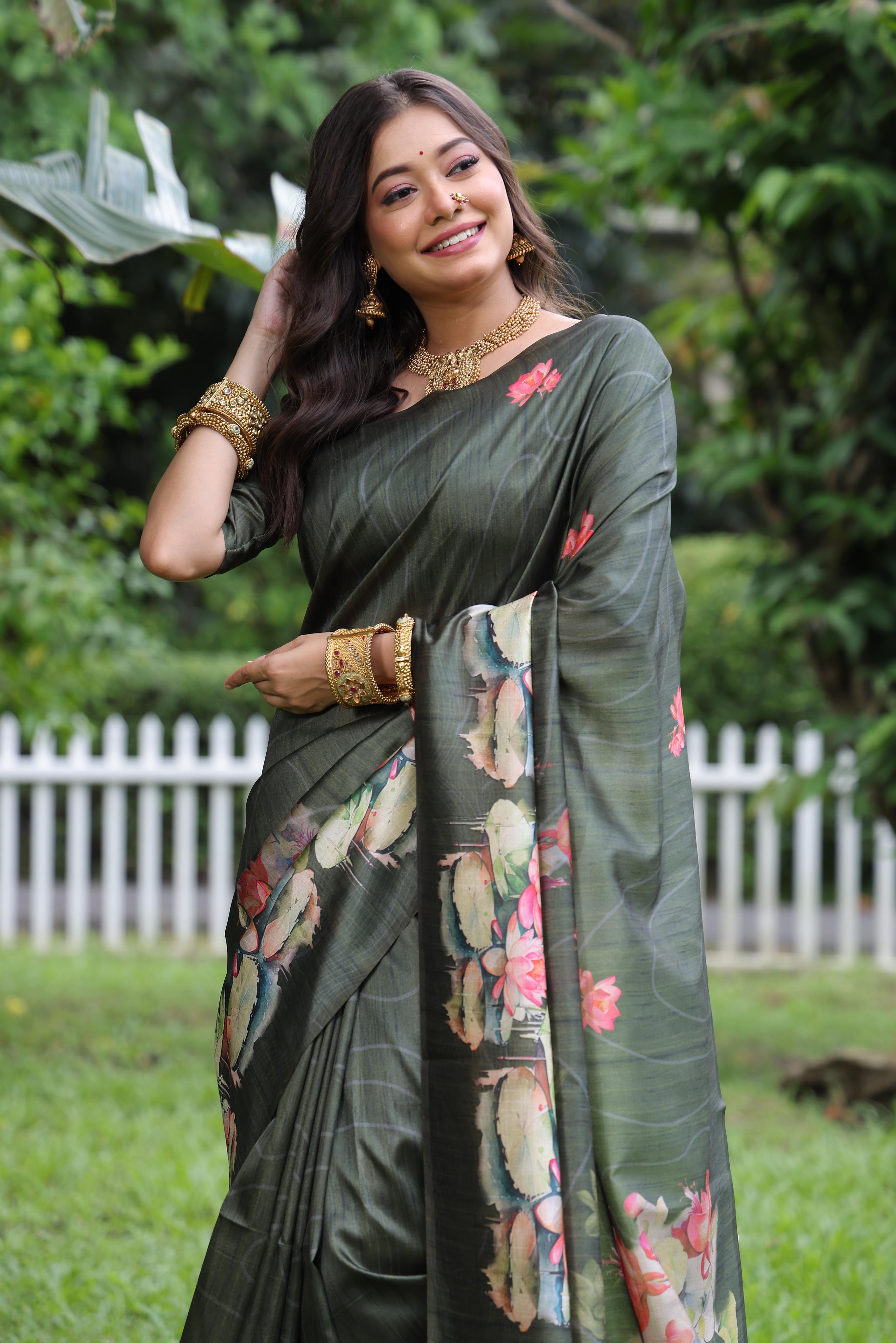 Awariya- Lotus Bloom  Floral printed saree with printed  Soft Silk Saree