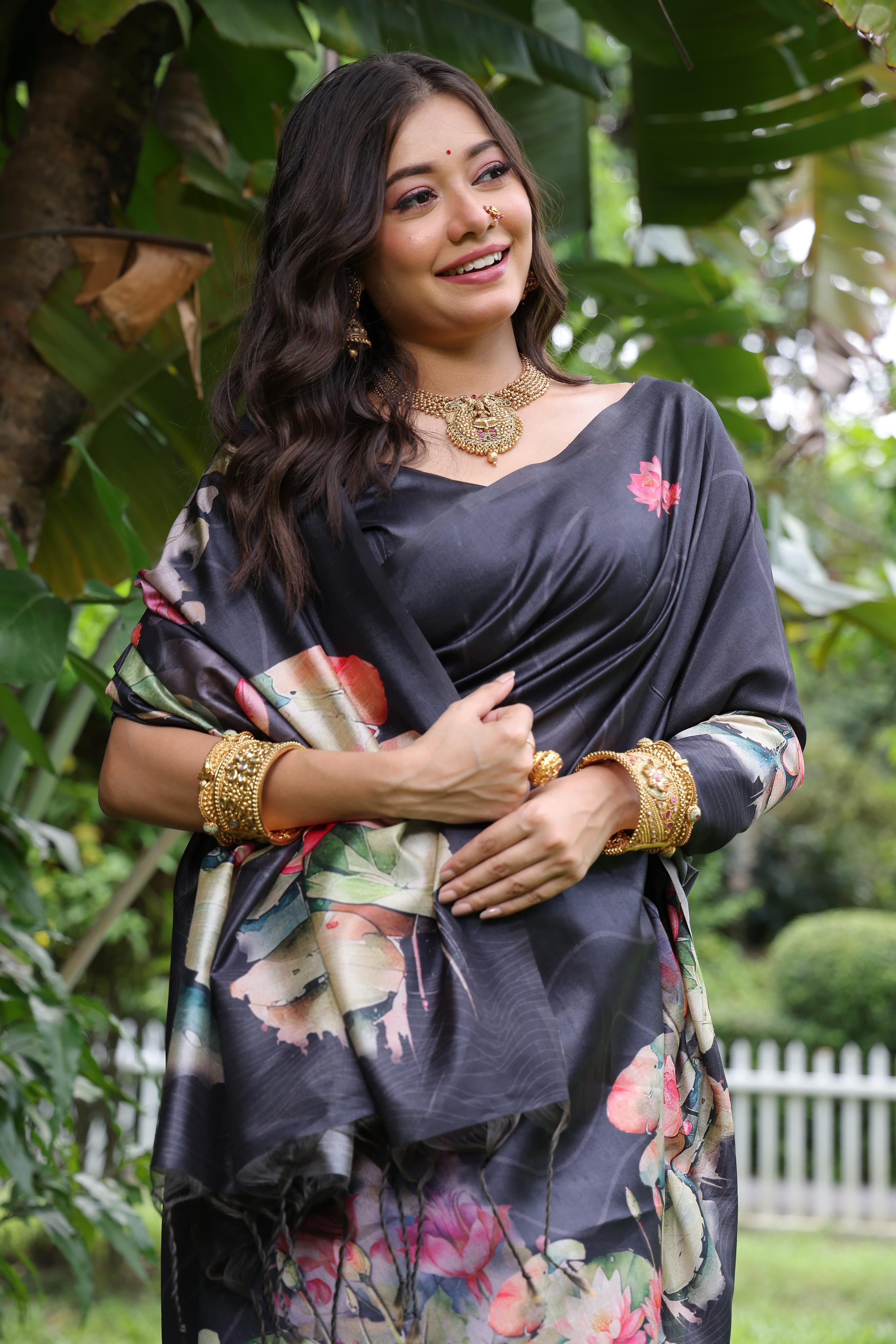 Awariya- Lotus Bloom  Floral printed saree with printed  Soft Silk Saree