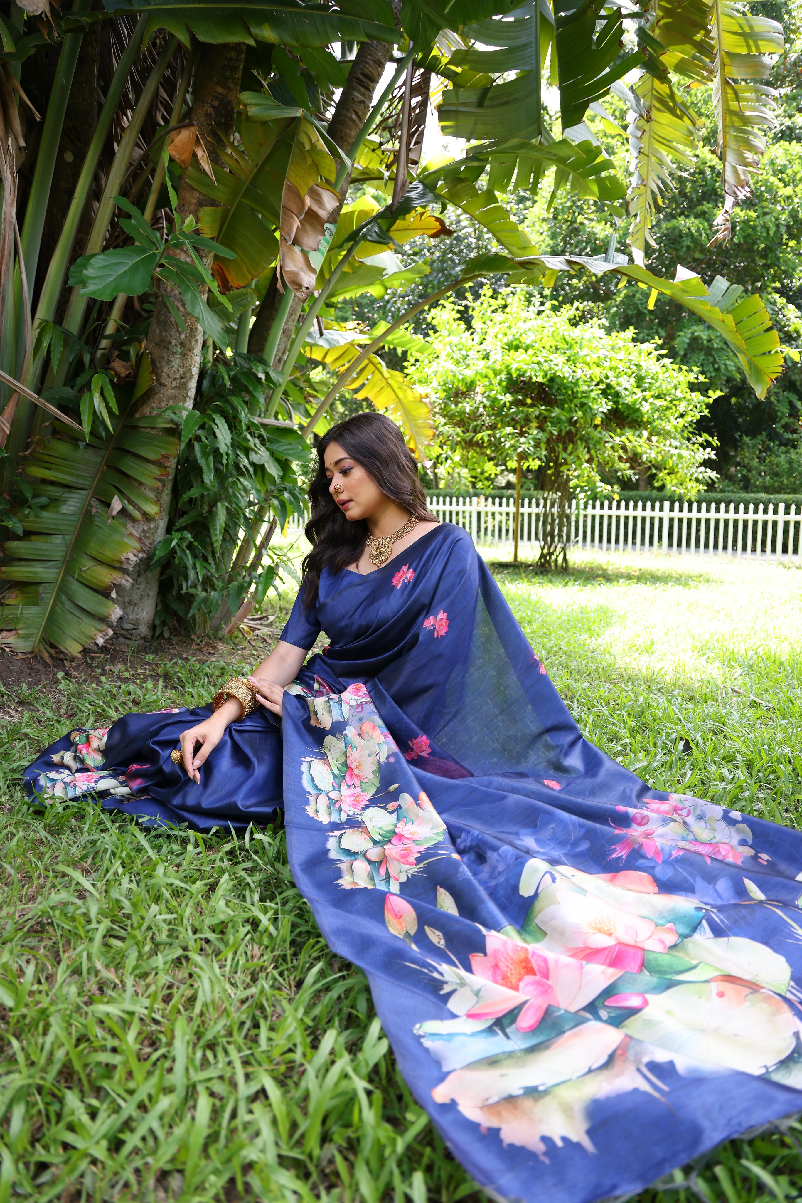 Awariya- Lotus Bloom  Floral printed saree with printed  Soft Silk Saree