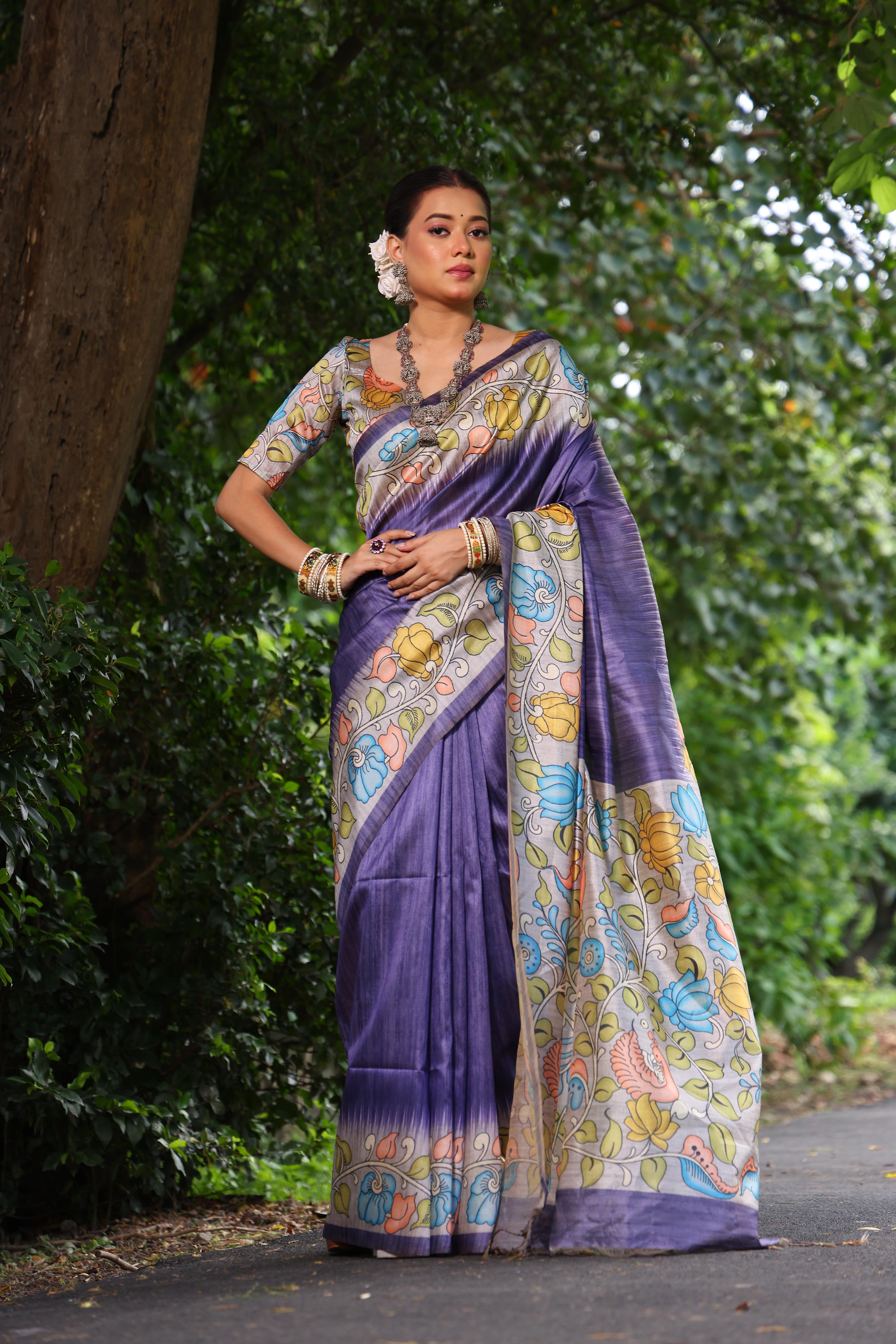 Kajal- Women Tussar Silk Saree with Kalamkari Print