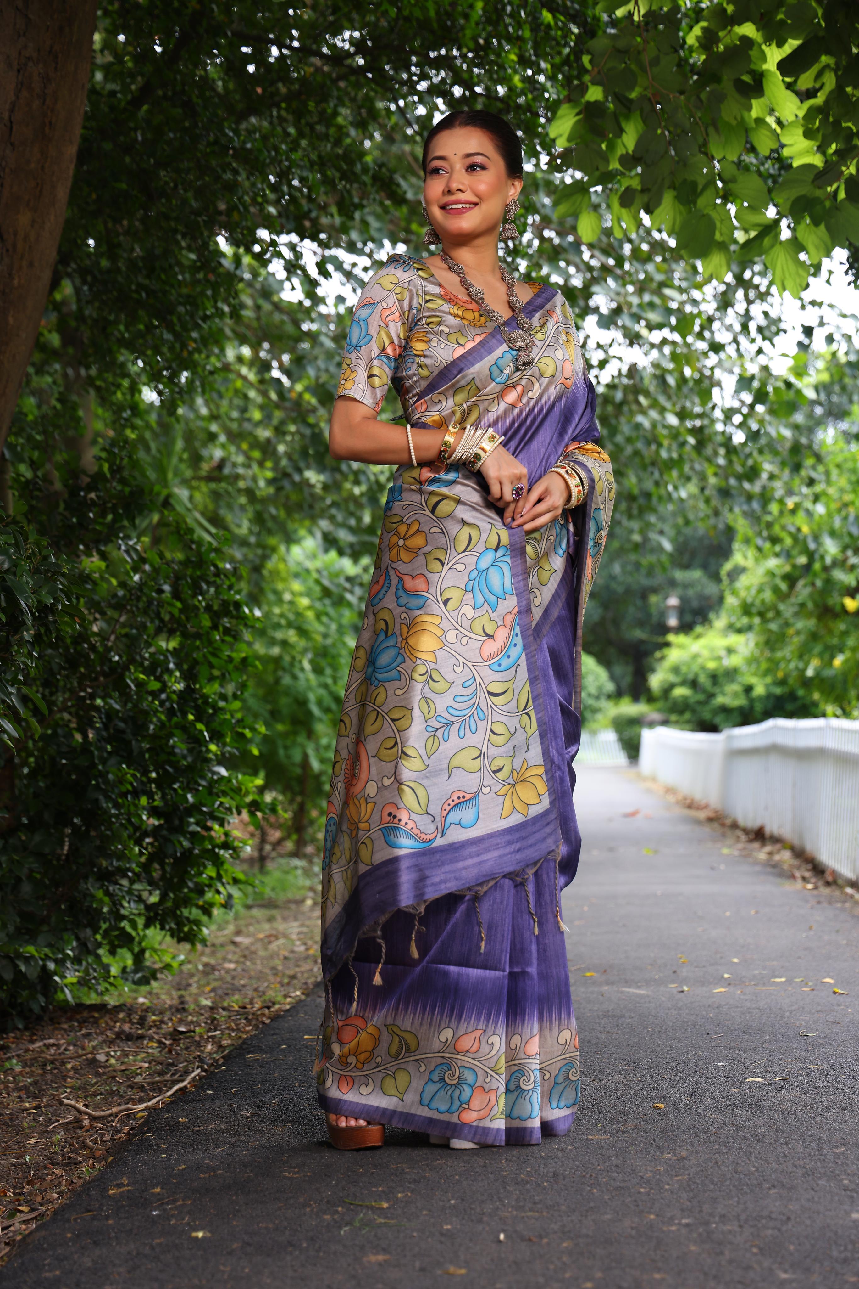Kajal- Women Tussar Silk Saree with Kalamkari Print
