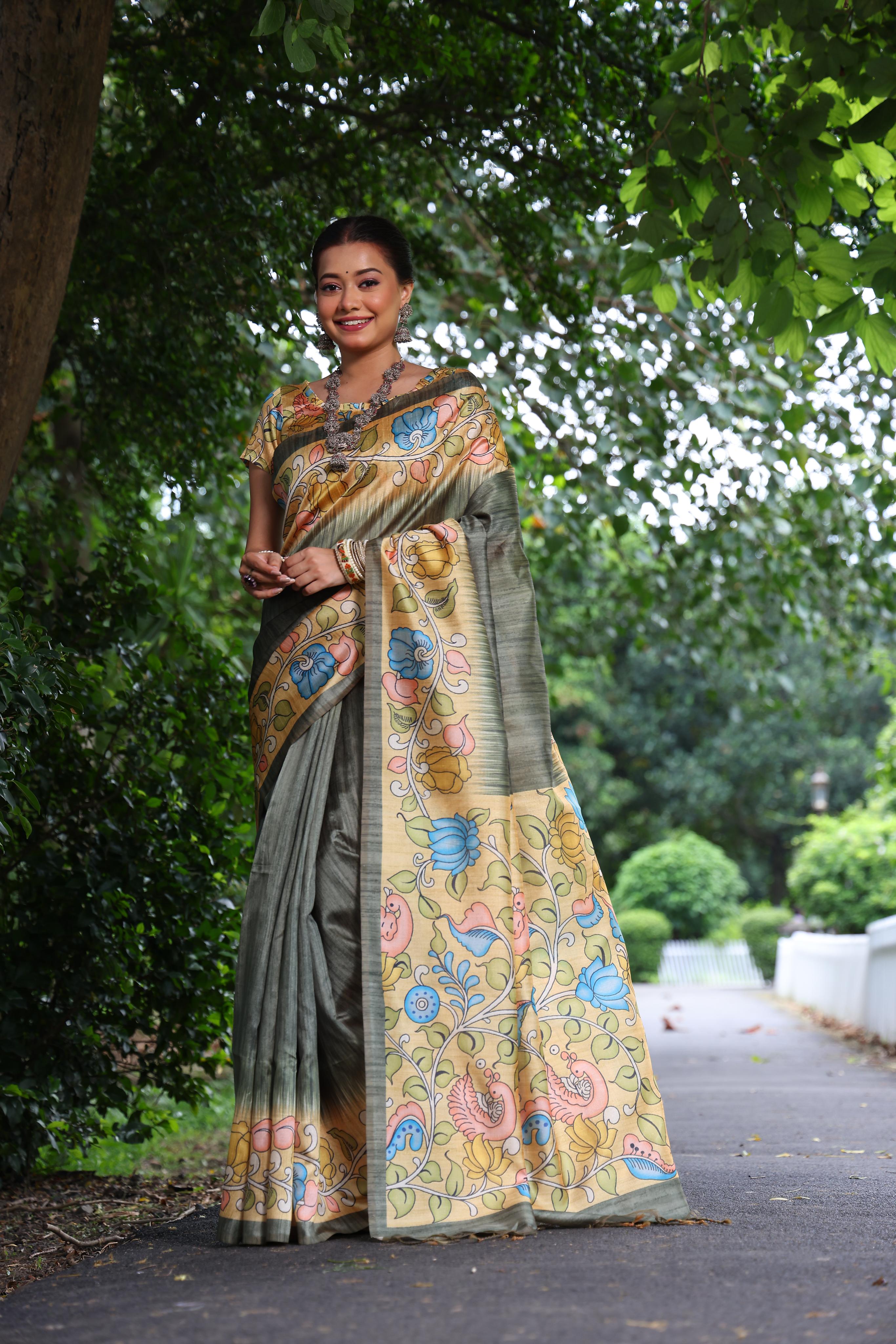 Kajal- Women Tussar Silk Saree with Kalamkari Print