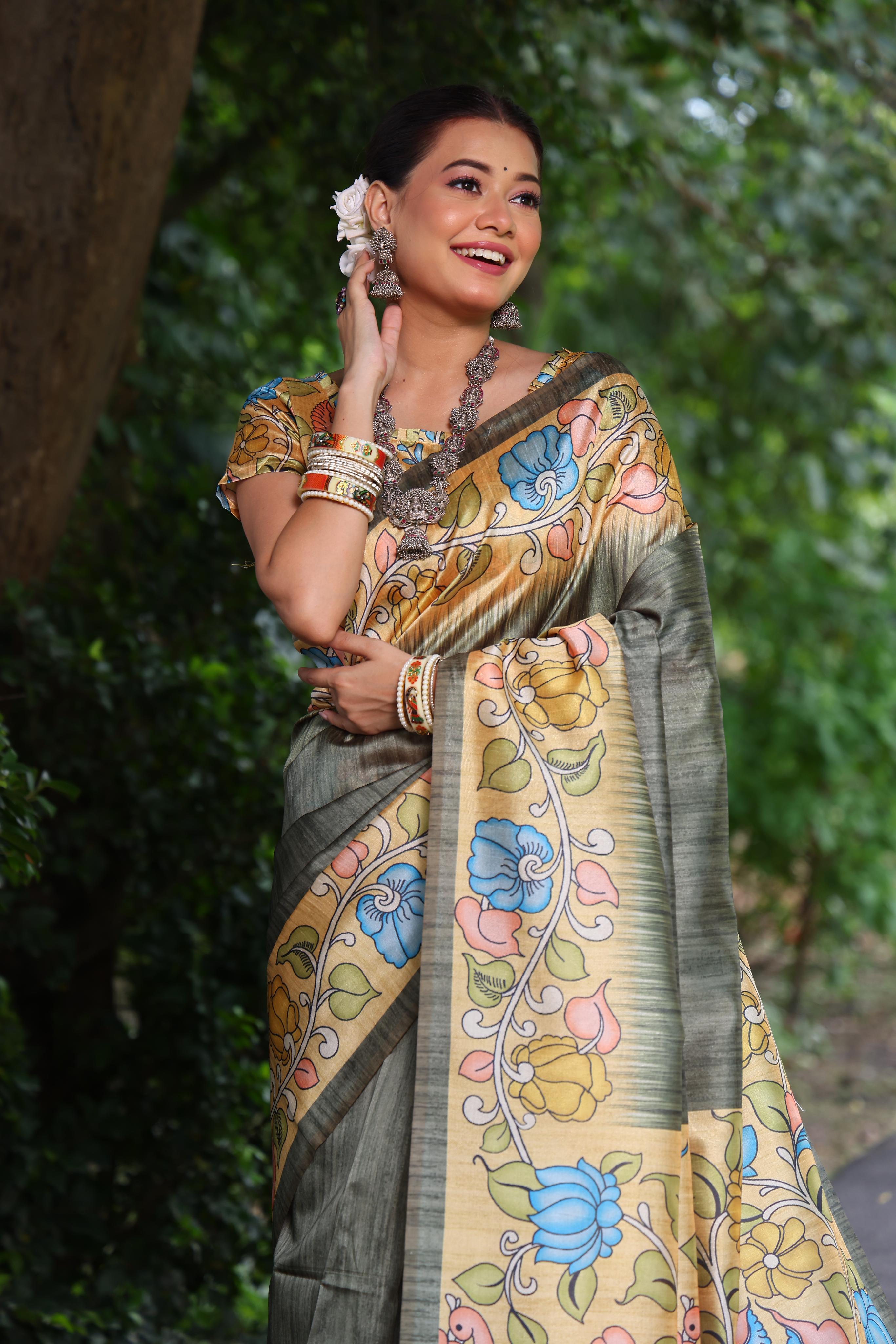 Kajal- Women Tussar Silk Saree with Kalamkari Print