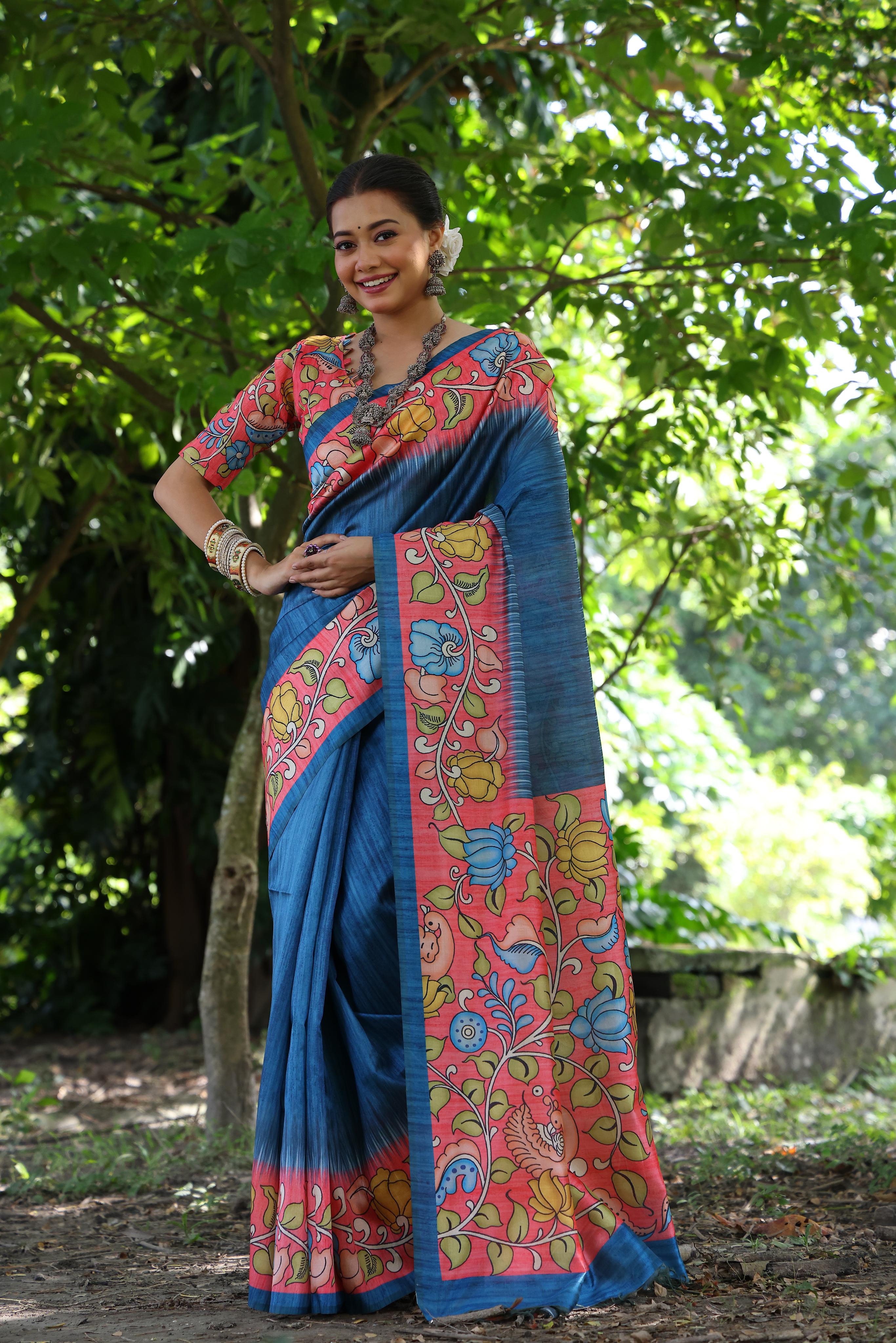 Kajal- Women Tussar Silk Saree with Kalamkari Print