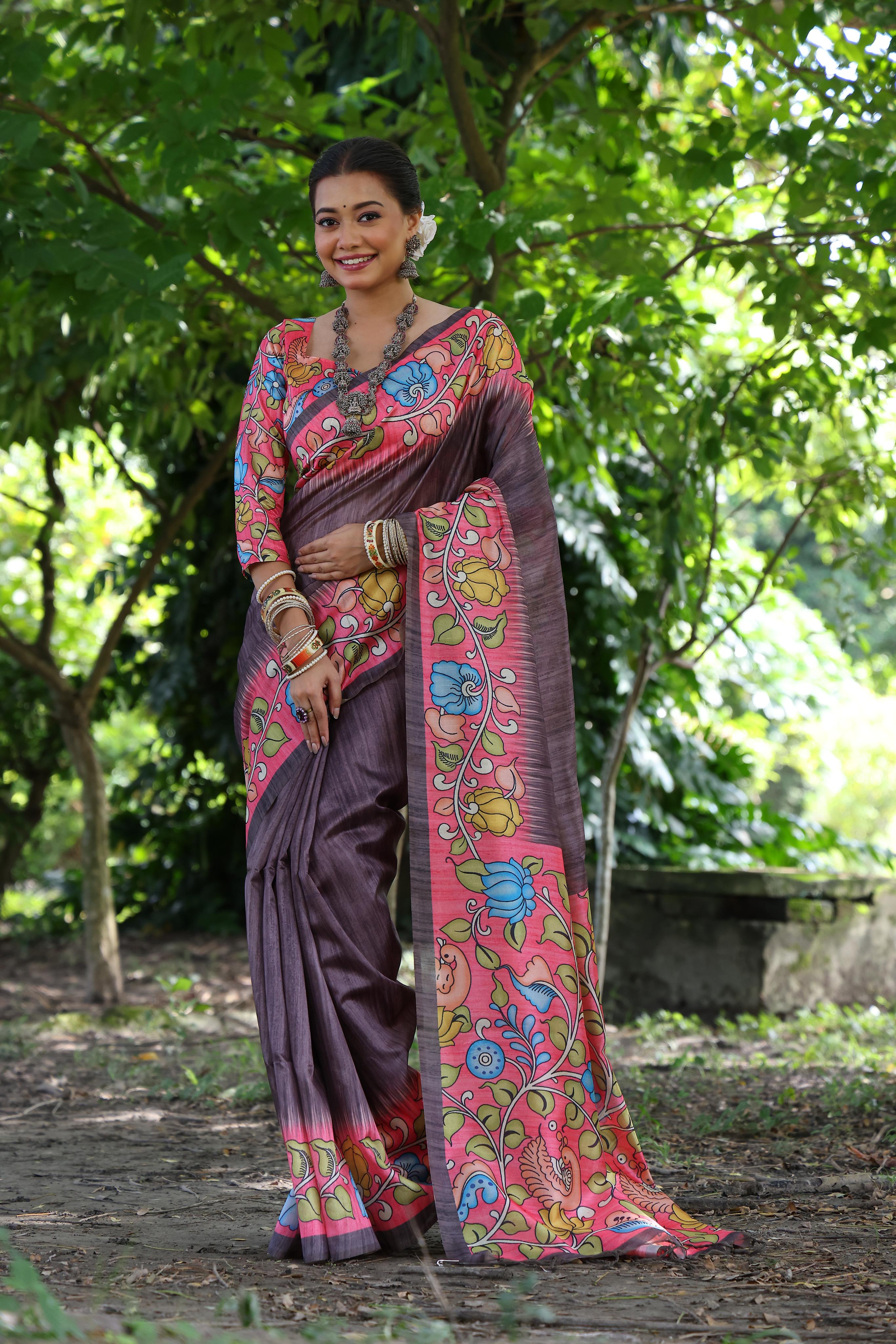 Kajal- Women Tussar Silk Saree with Kalamkari Print