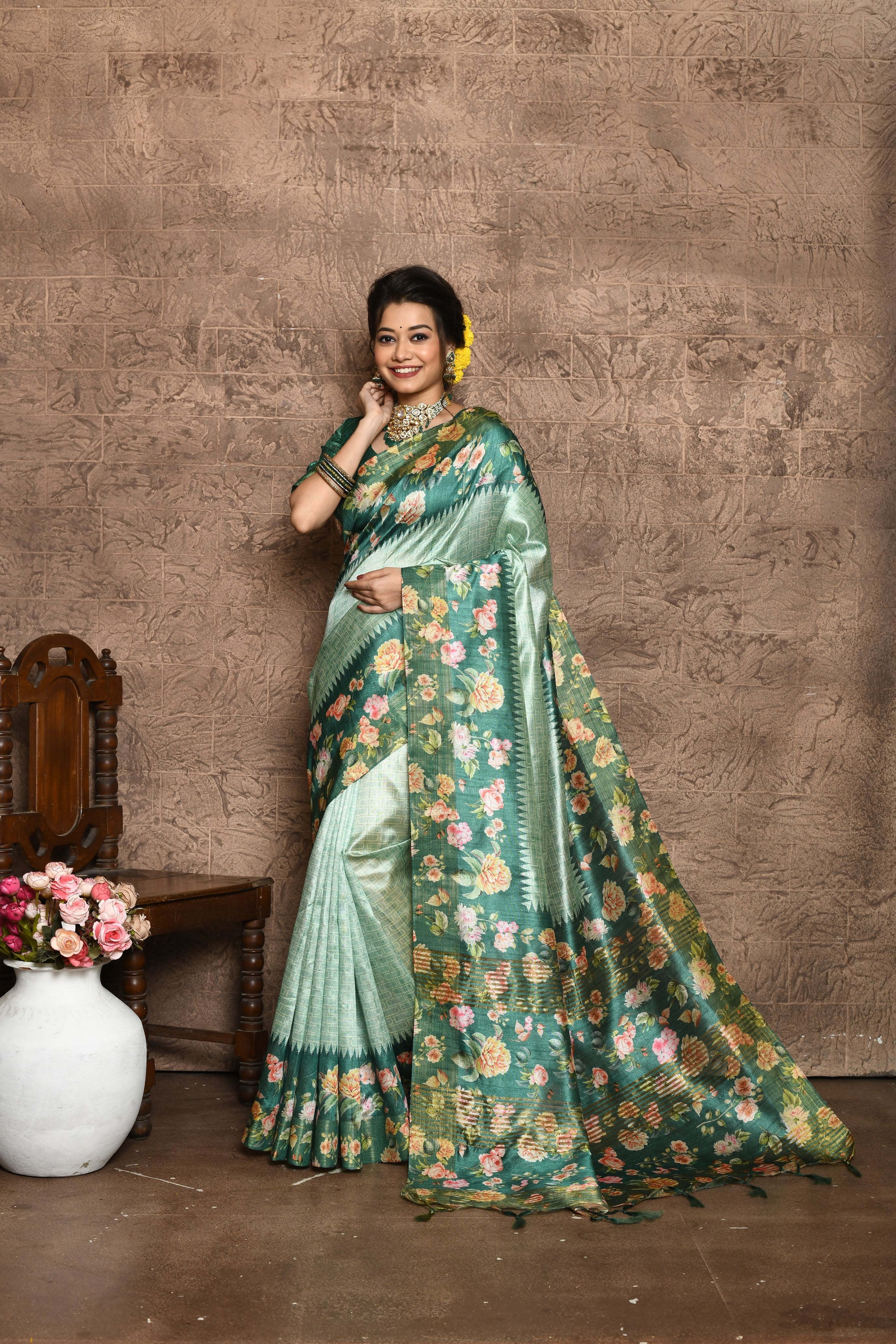 Heeni- soft tussar silk saree with all over beautiful print and control floral print on pallu
