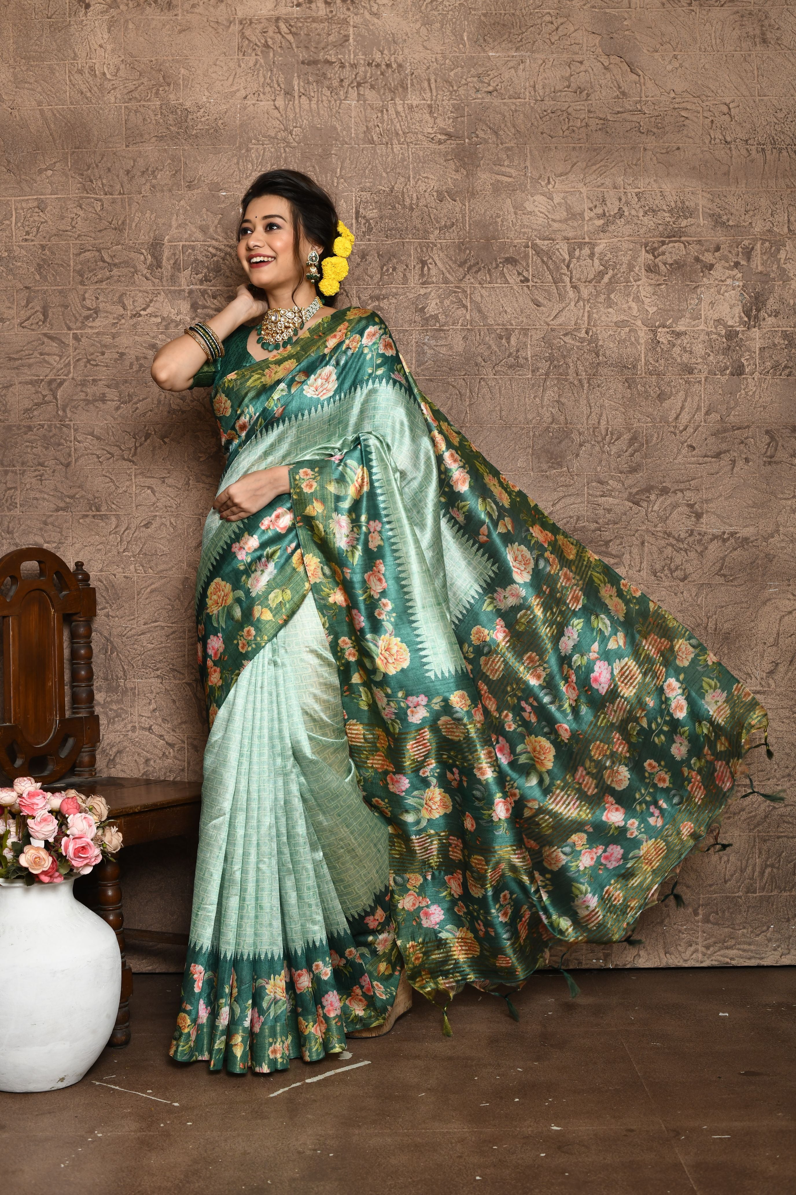 Heeni- soft tussar silk saree with all over beautiful print and control floral print on pallu