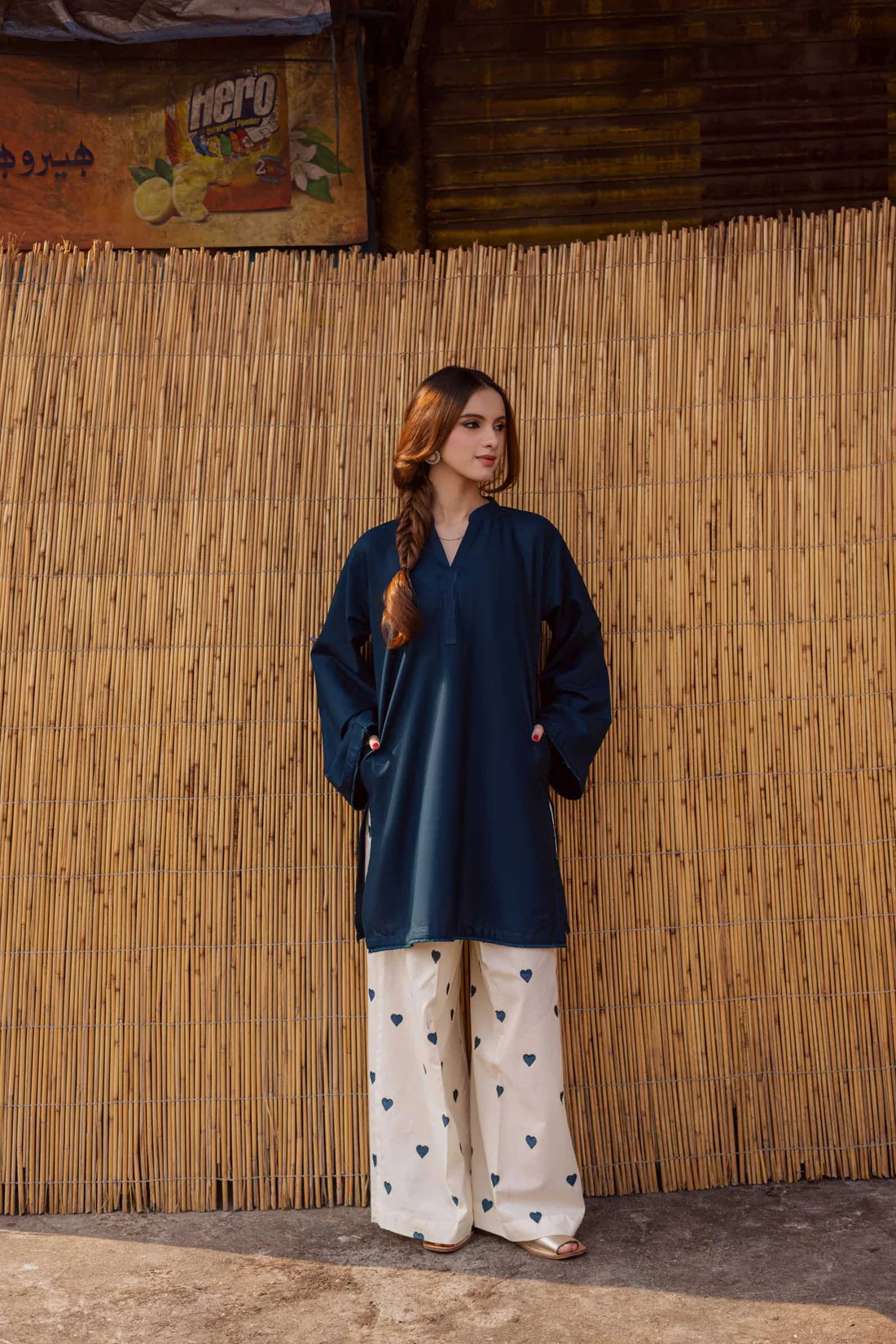 Premium Pure Dhanak Solid Straight Kurti with Off-White Heart Print Palazzo Pants