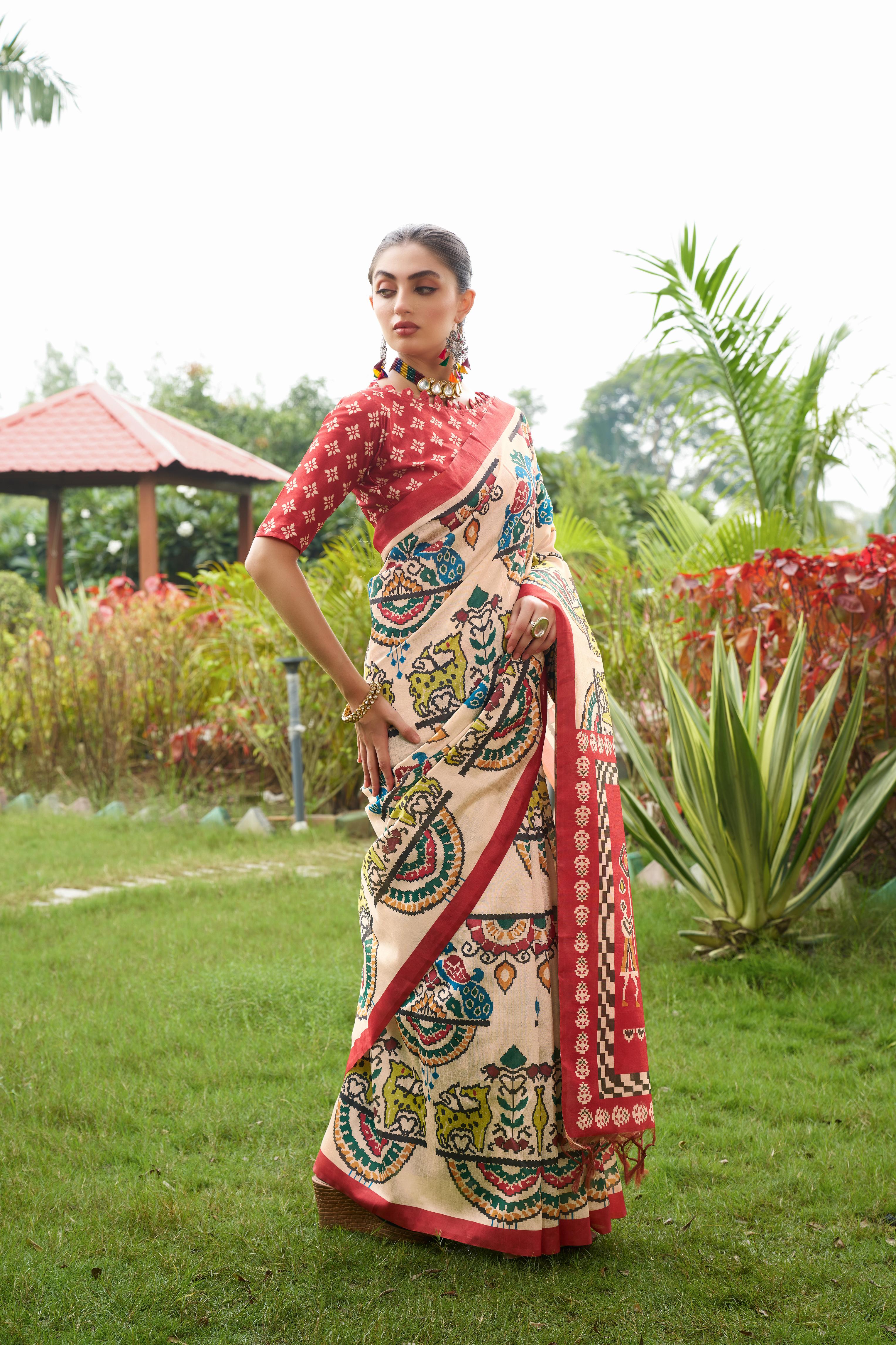 Mulk-2- Elegant Red & Cream Floral Saree