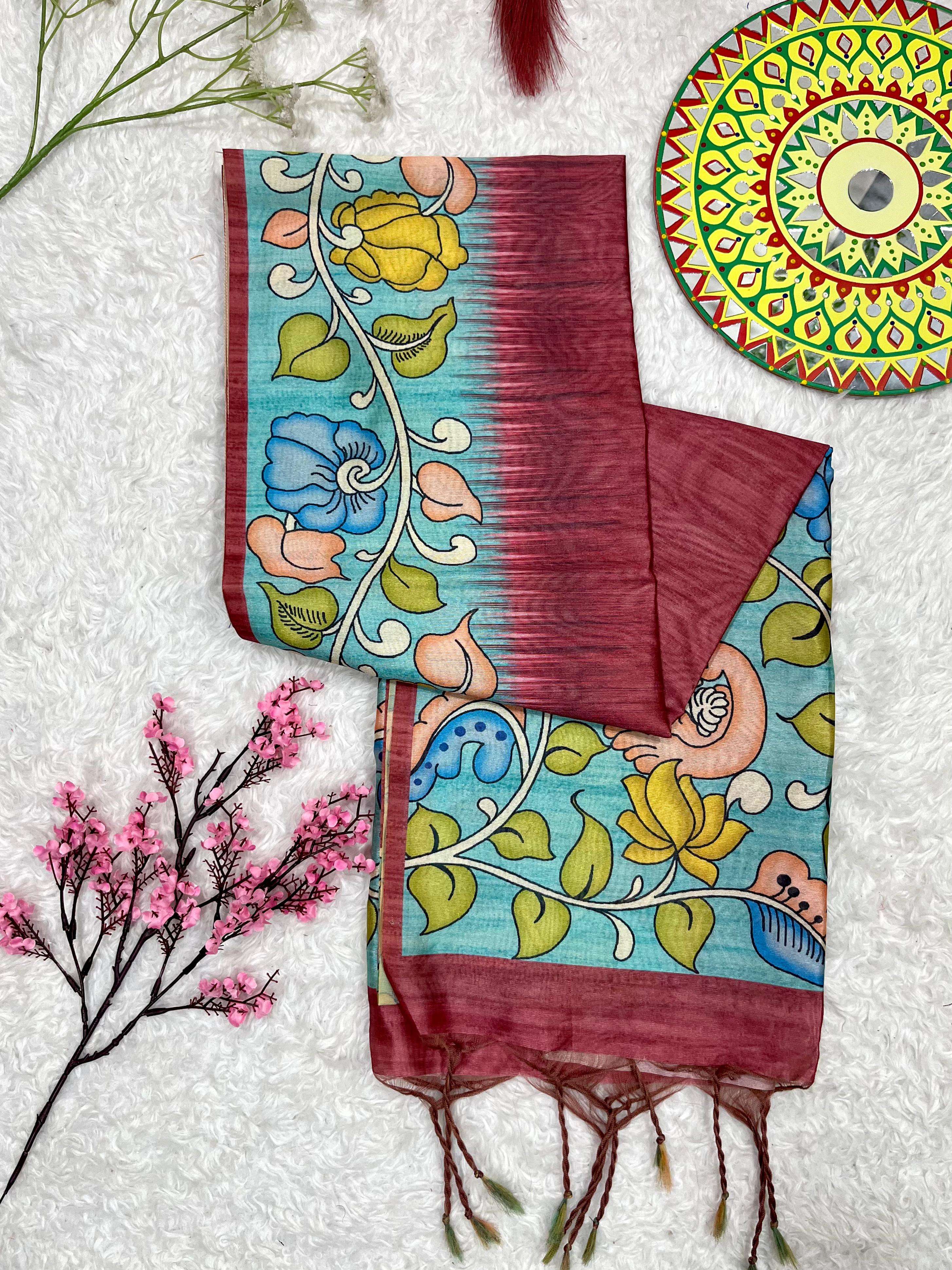 Kajal- Women Tussar Silk Saree with Kalamkari Print
