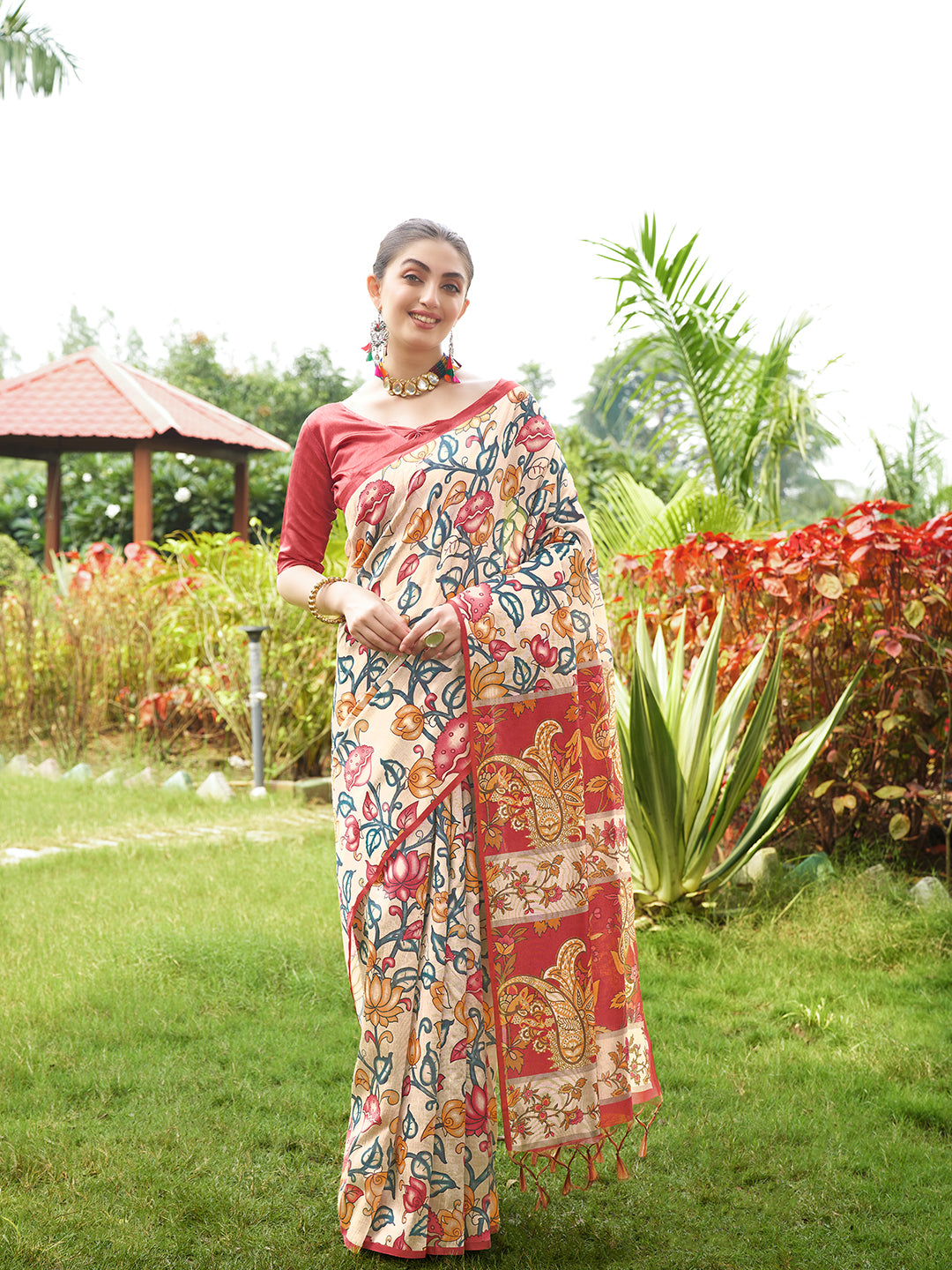 Pardeshi -Kalamkari printed saree with solid border
