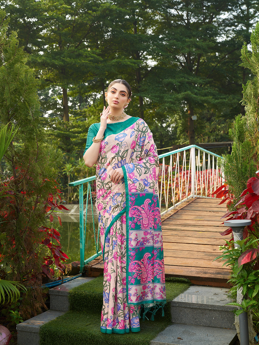 Pardeshi -Kalamkari printed saree with solid border