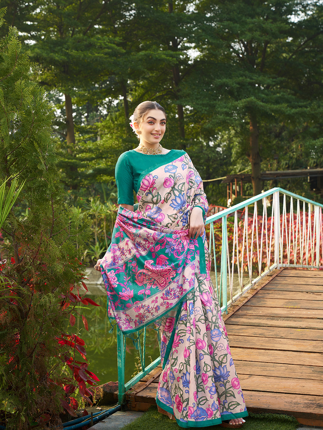 Pardeshi -Kalamkari printed saree with solid border