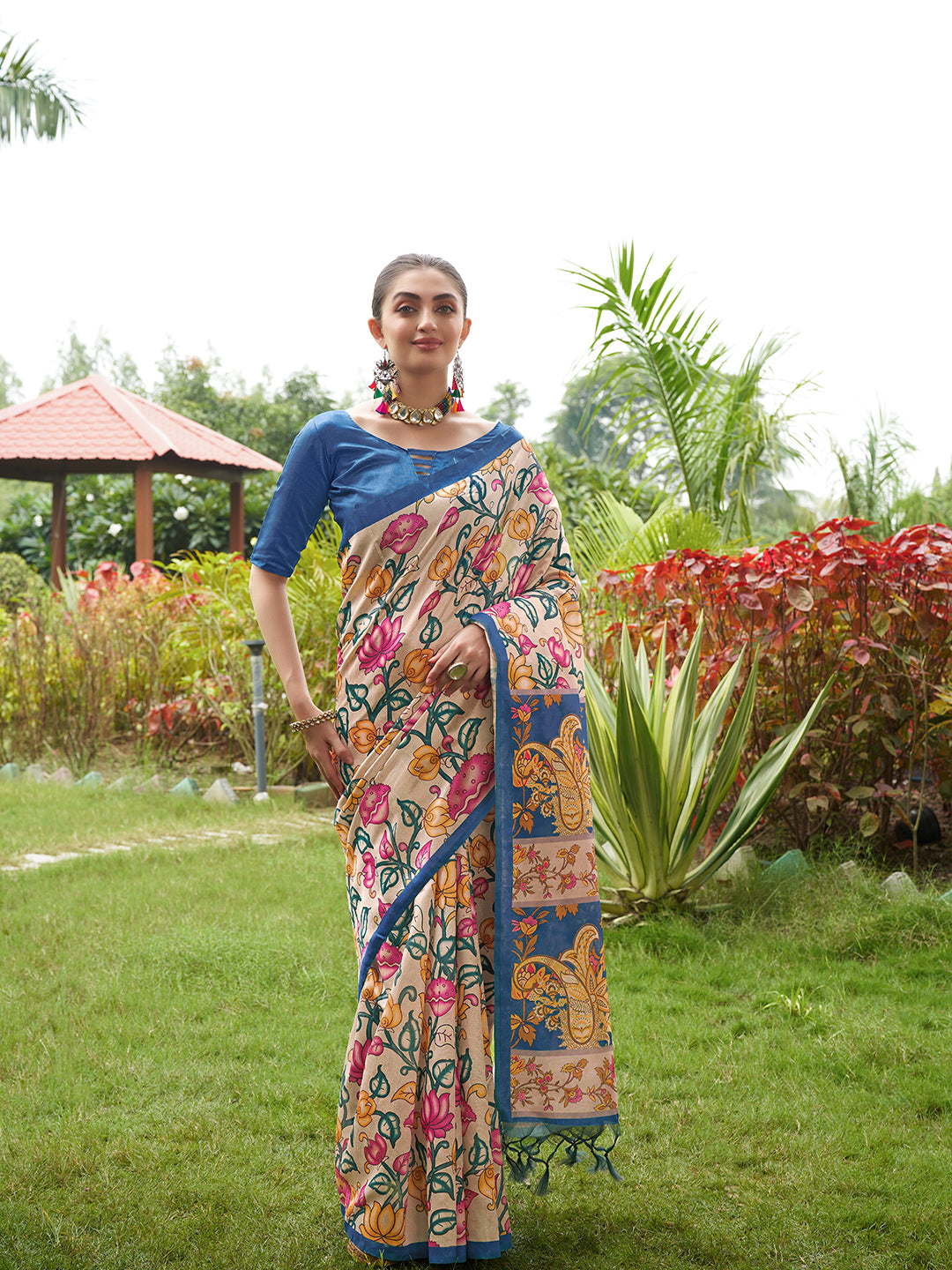 Pardeshi -Kalamkari printed saree with solid border