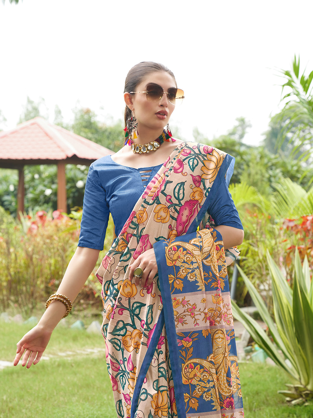 Pardeshi -Kalamkari printed saree with solid border