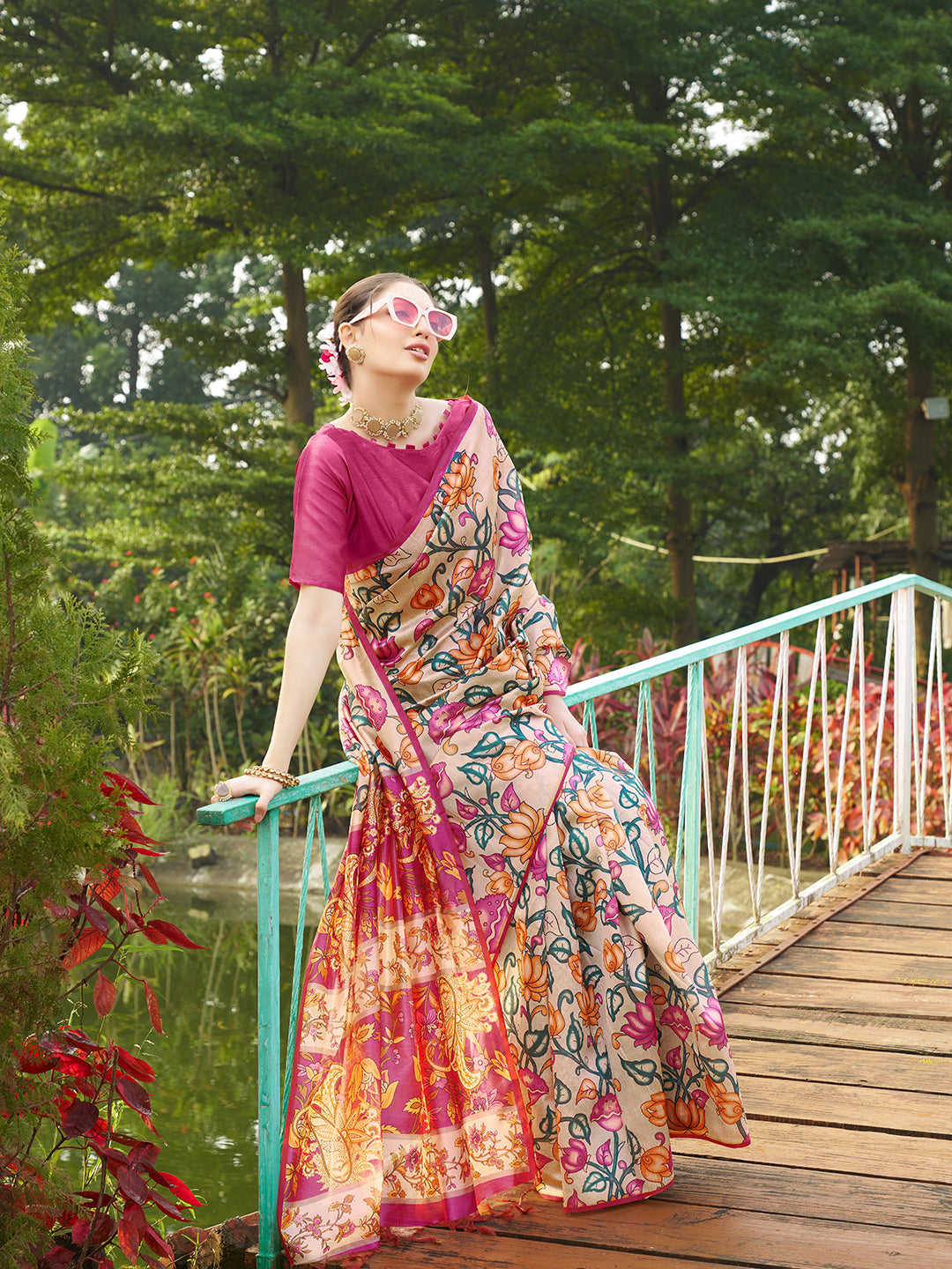 Pardeshi -Kalamkari printed saree with solid border