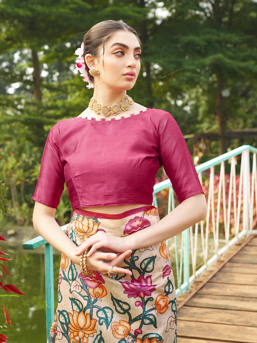 Pardeshi -Kalamkari printed saree with solid border