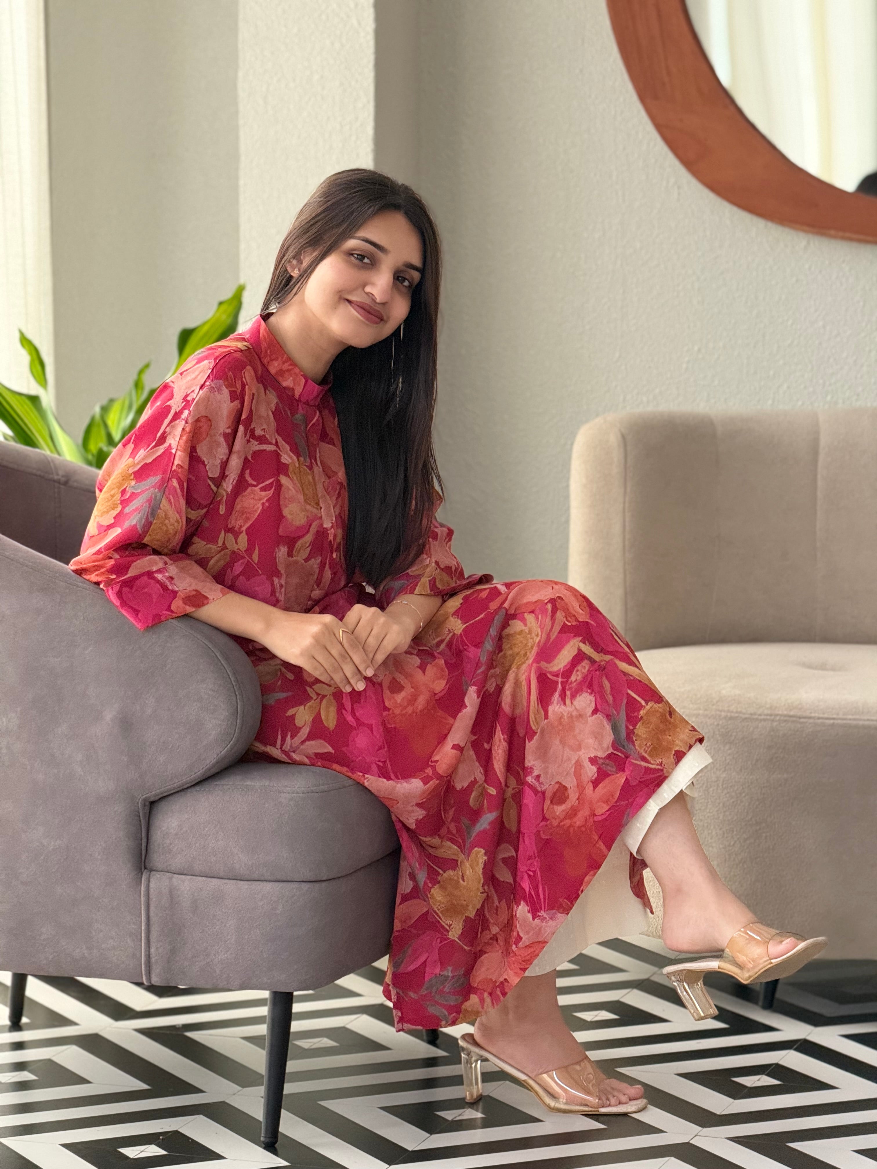 Jin- Floral Printed Pink Casual Kurta