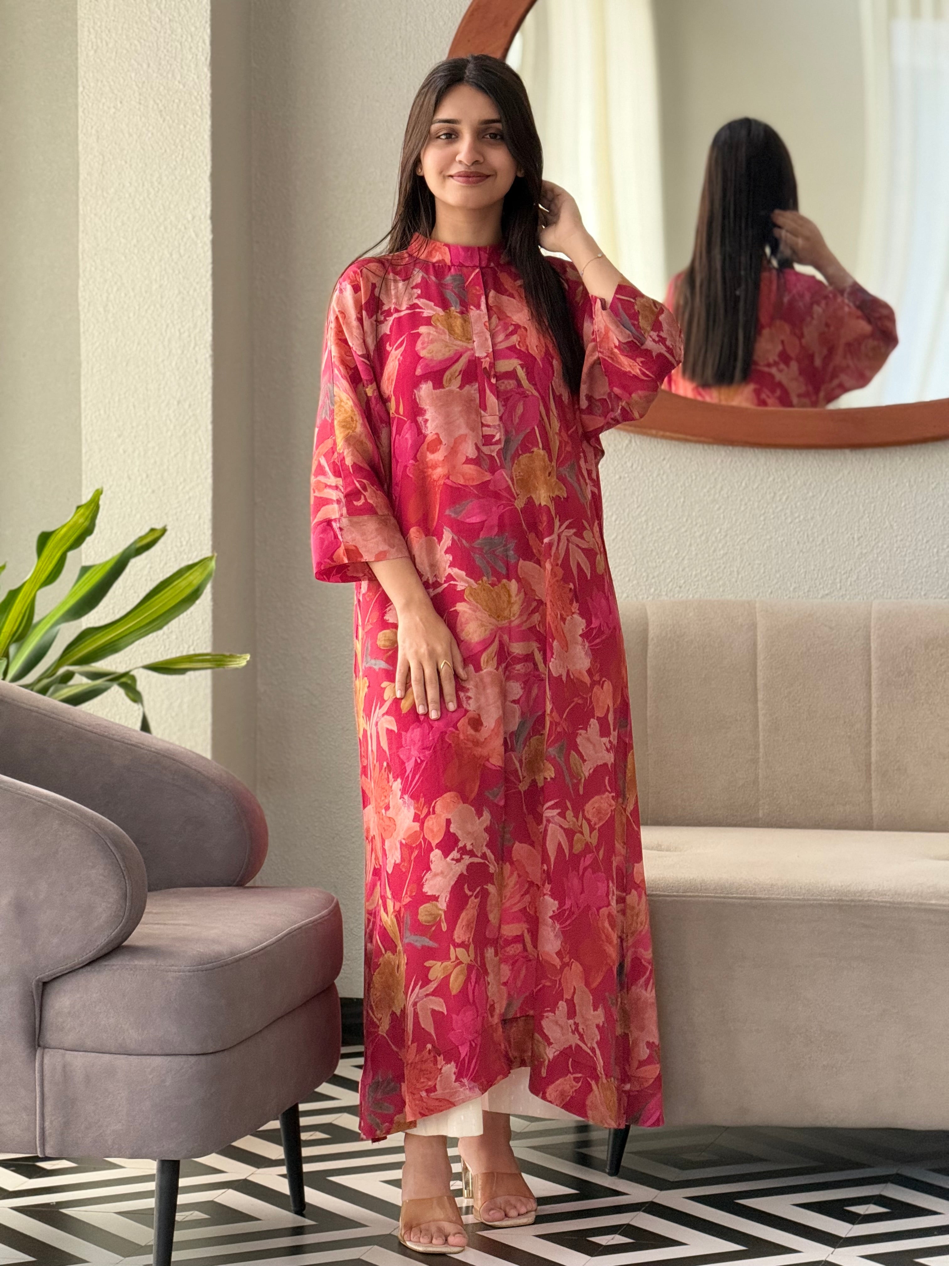 Jin- Floral Printed Pink Casual Kurta