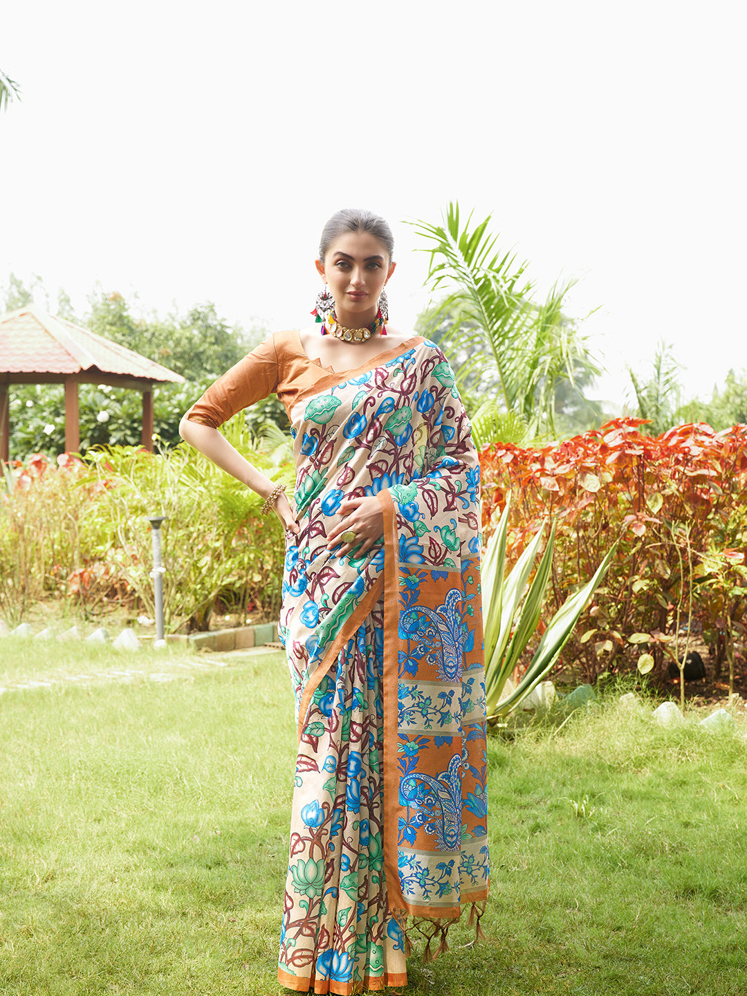 Pardeshi -Kalamkari printed saree with solid border