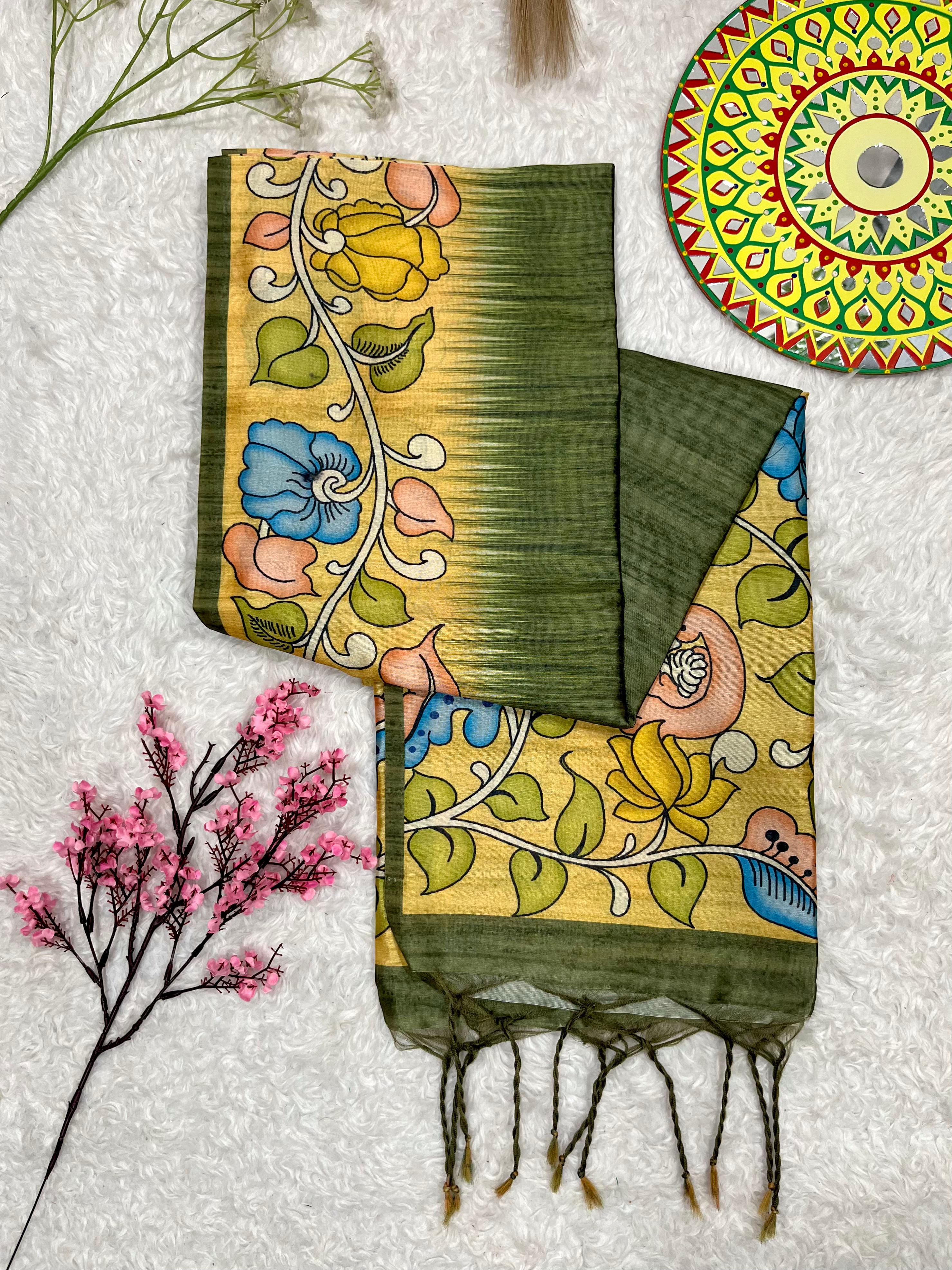 Kajal- Women Tussar Silk Saree with Kalamkari Print