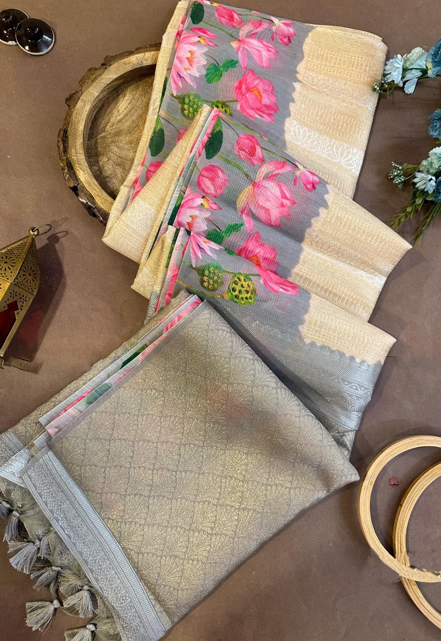 Gulabo- Floral printed , Muga saree with printed border