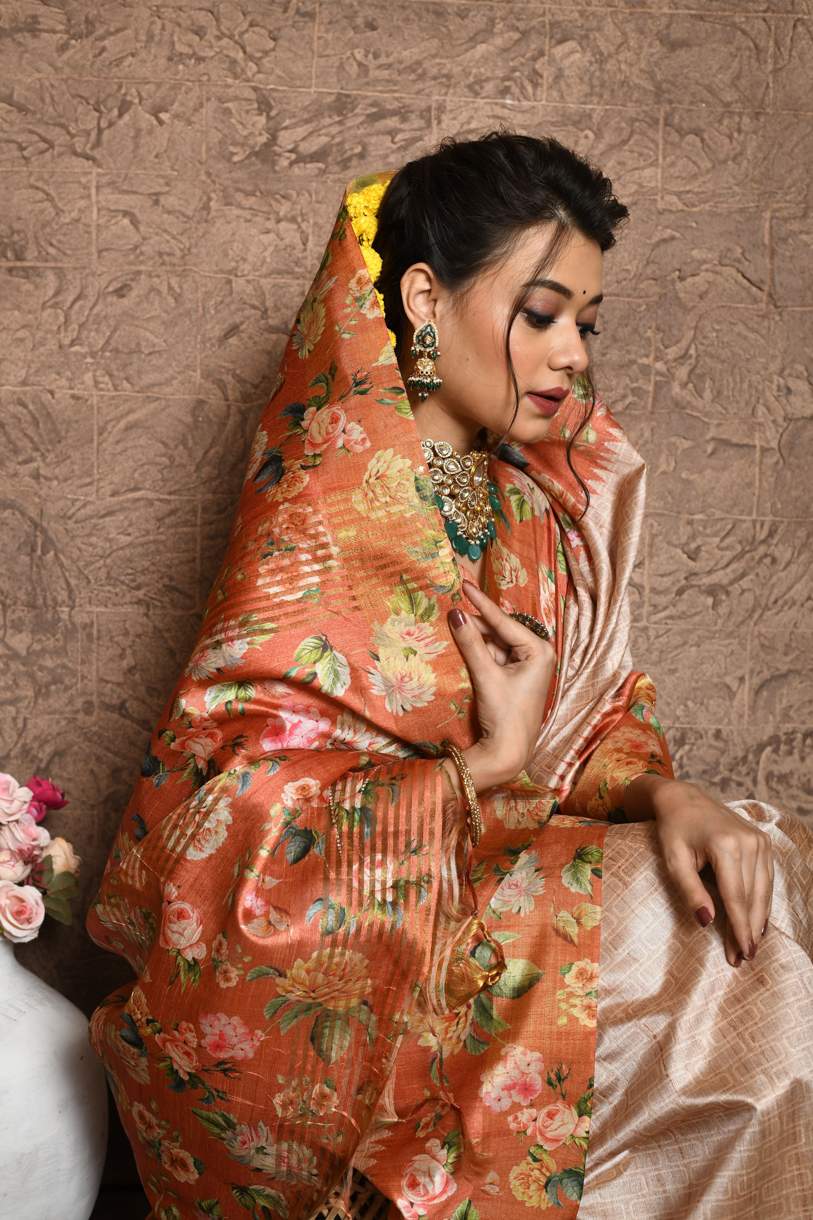 Heeni- soft tussar silk saree with all over beautiful print and control floral print on pallu