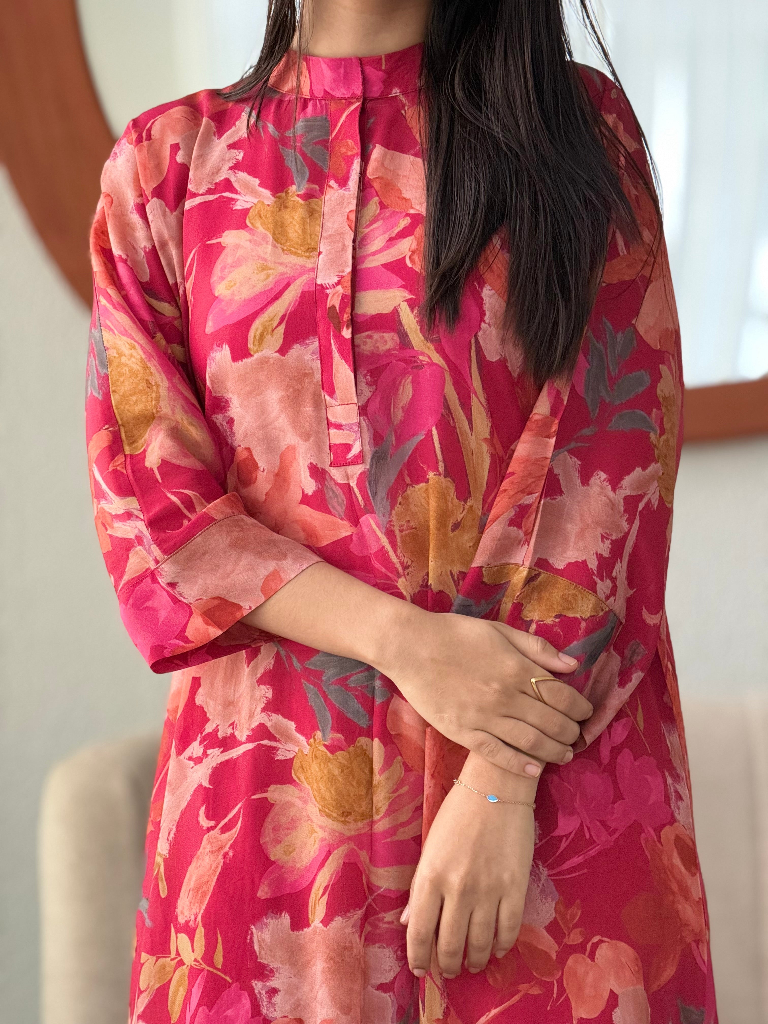 Jin- Floral Printed Pink Casual Kurta