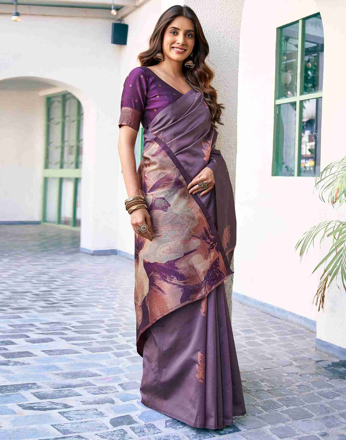 Elegant Purple Digital Printed Saree with Matching Blouse
