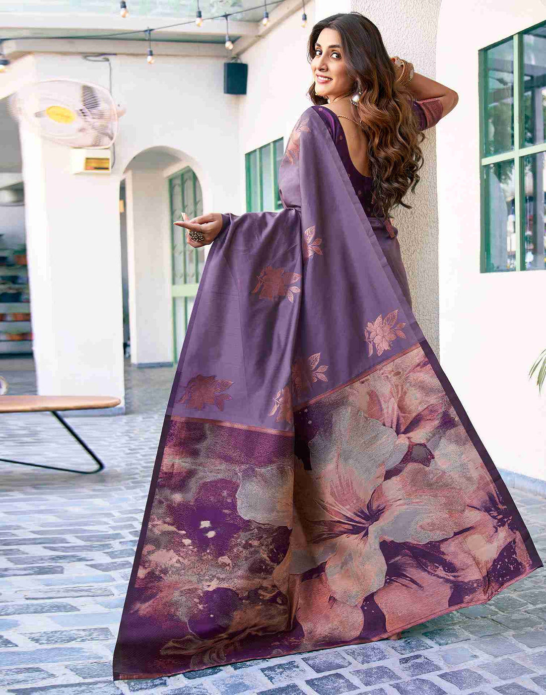 Elegant Purple Digital Printed Saree with Matching Blouse