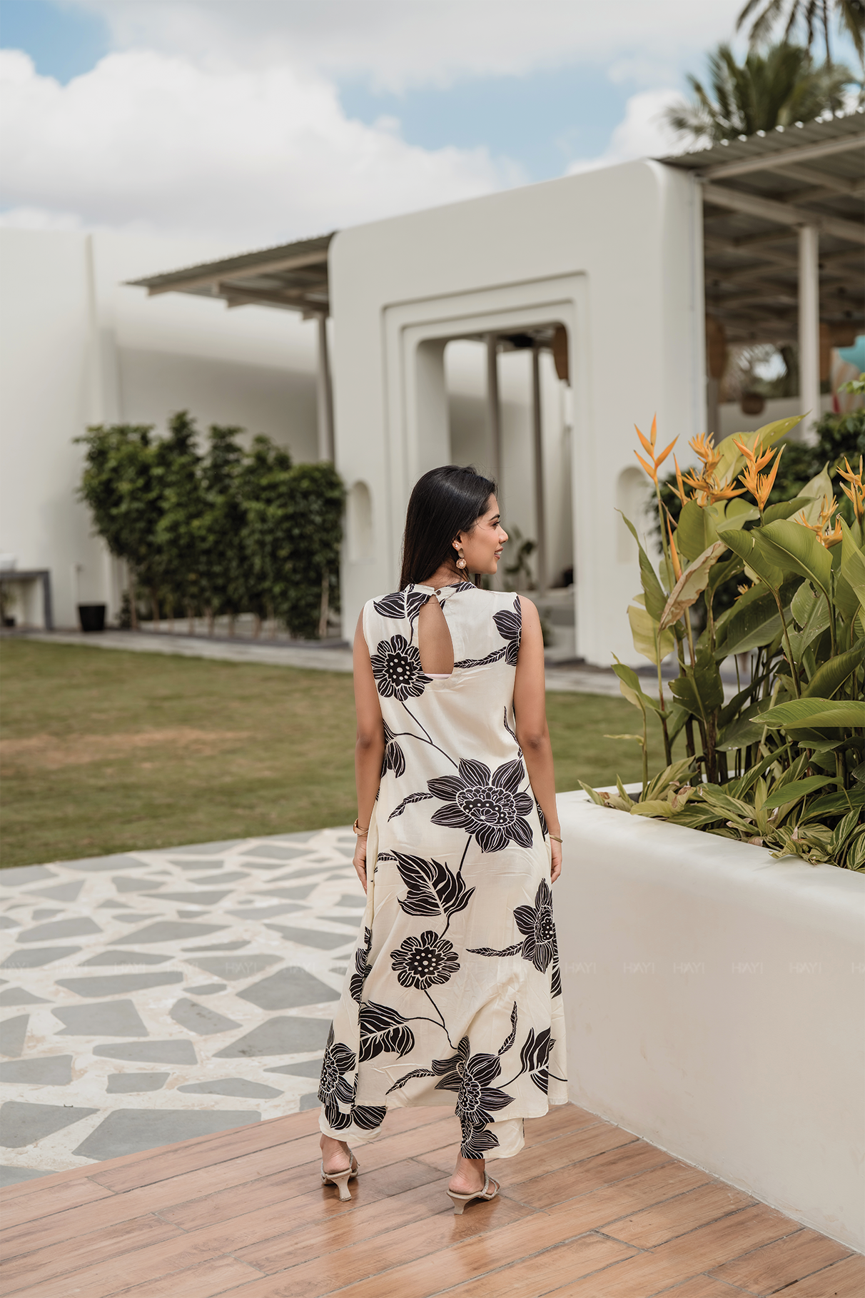 Kali- Beige Floral Printed Sleeveless A-Line Maxi Dress