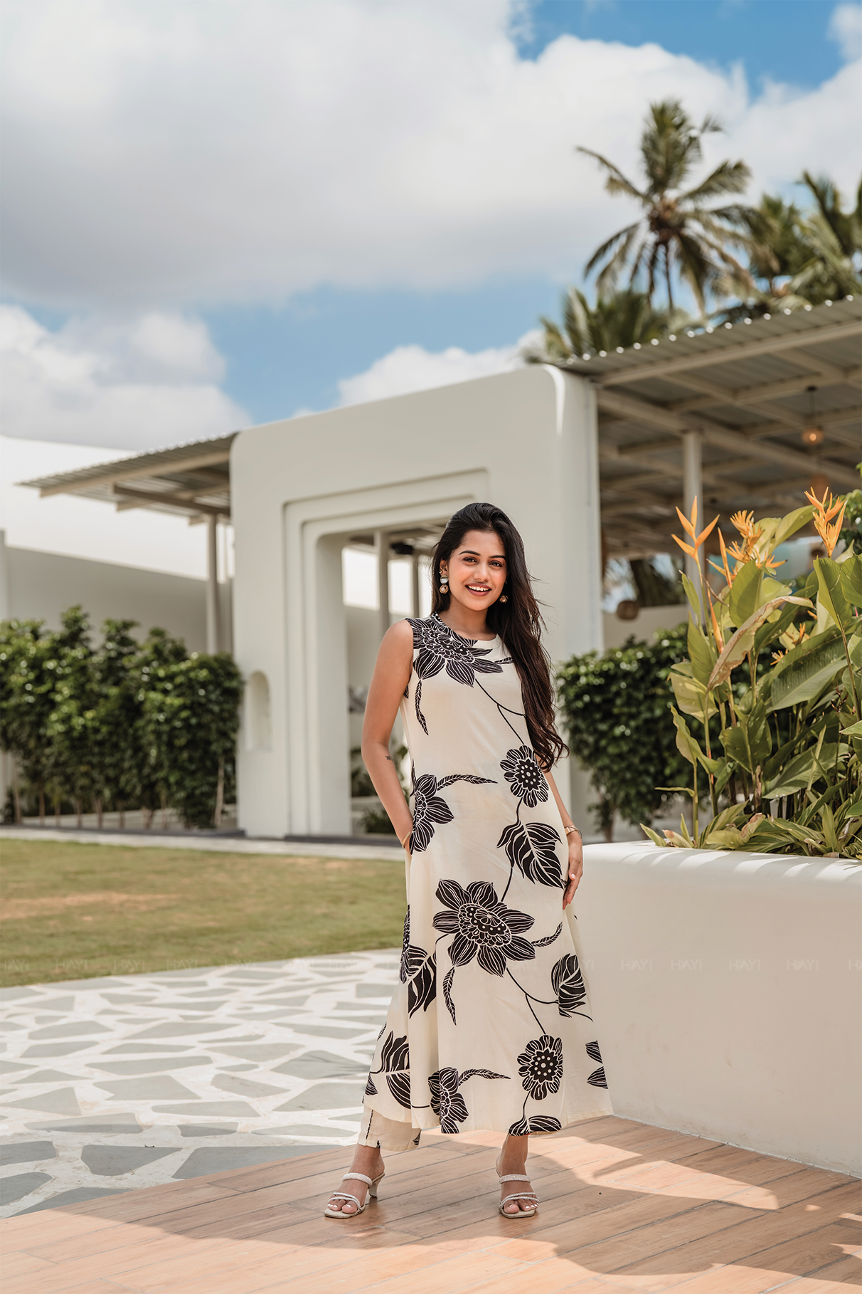 Kali- Beige Floral Printed Sleeveless A-Line Maxi Dress