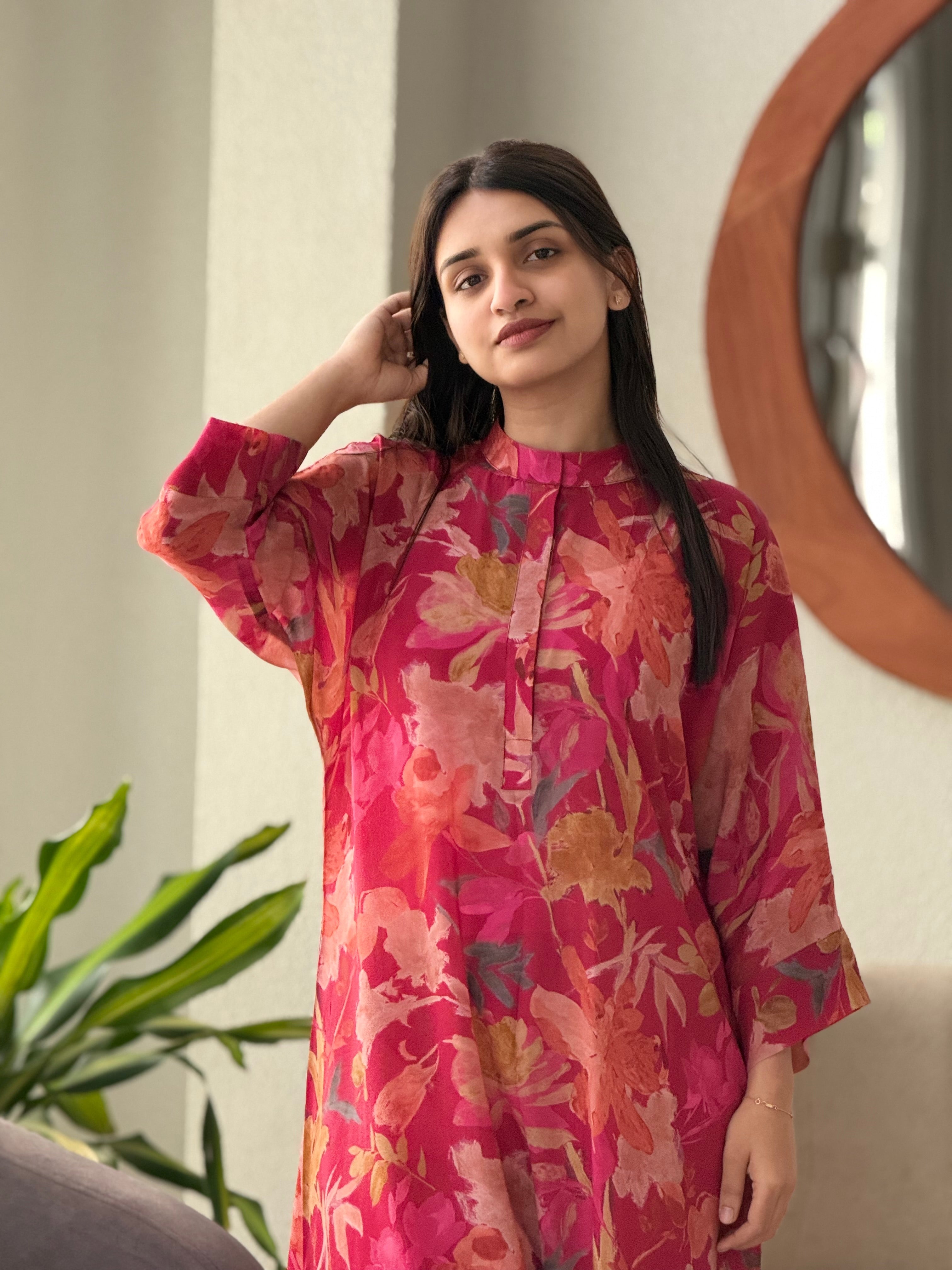 Jin- Floral Printed Pink Casual Kurta