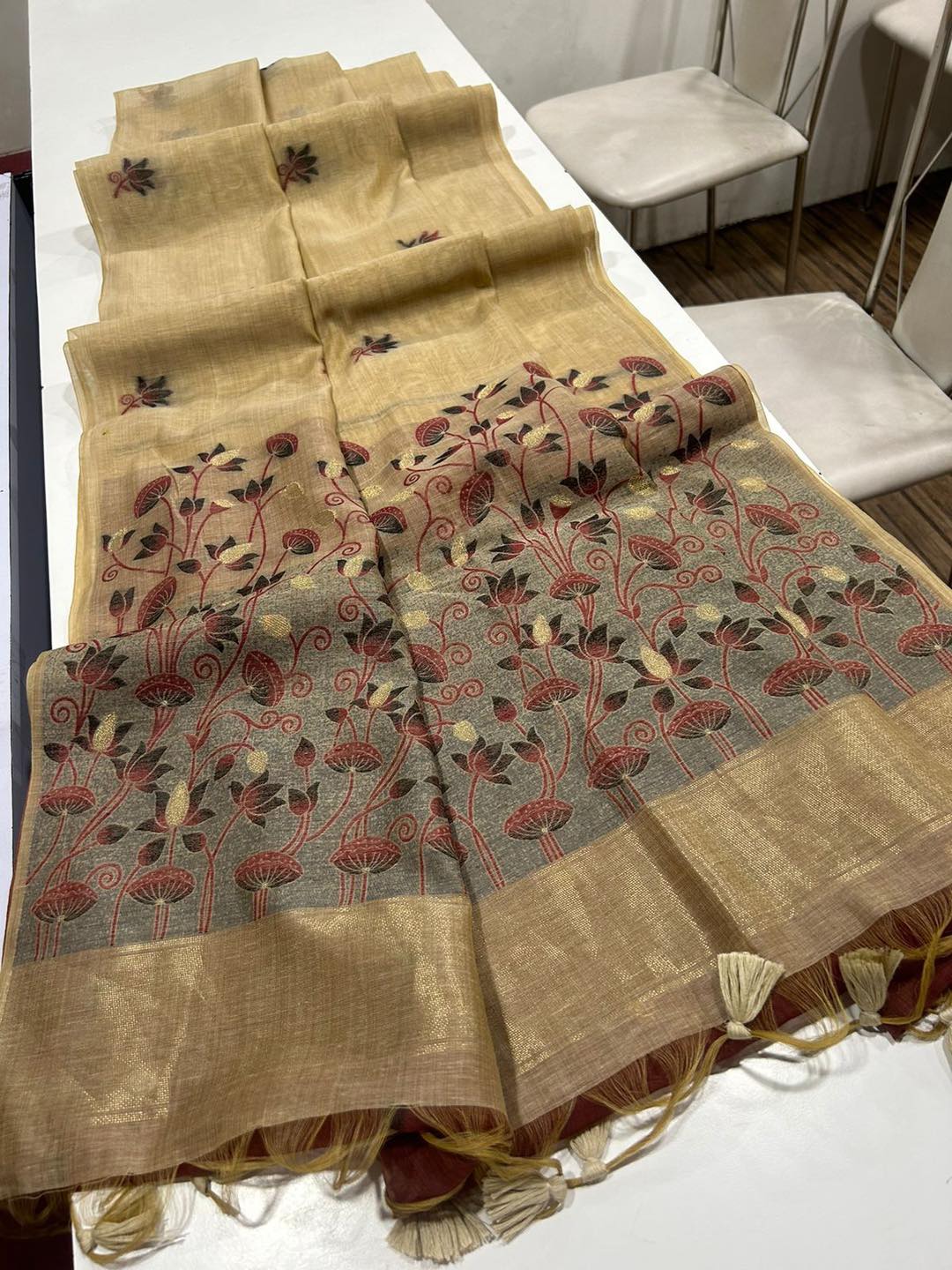 Noor- Muga cotton saree Temple Anarkali Gown is crafted with premium silk and traditional embroidery,