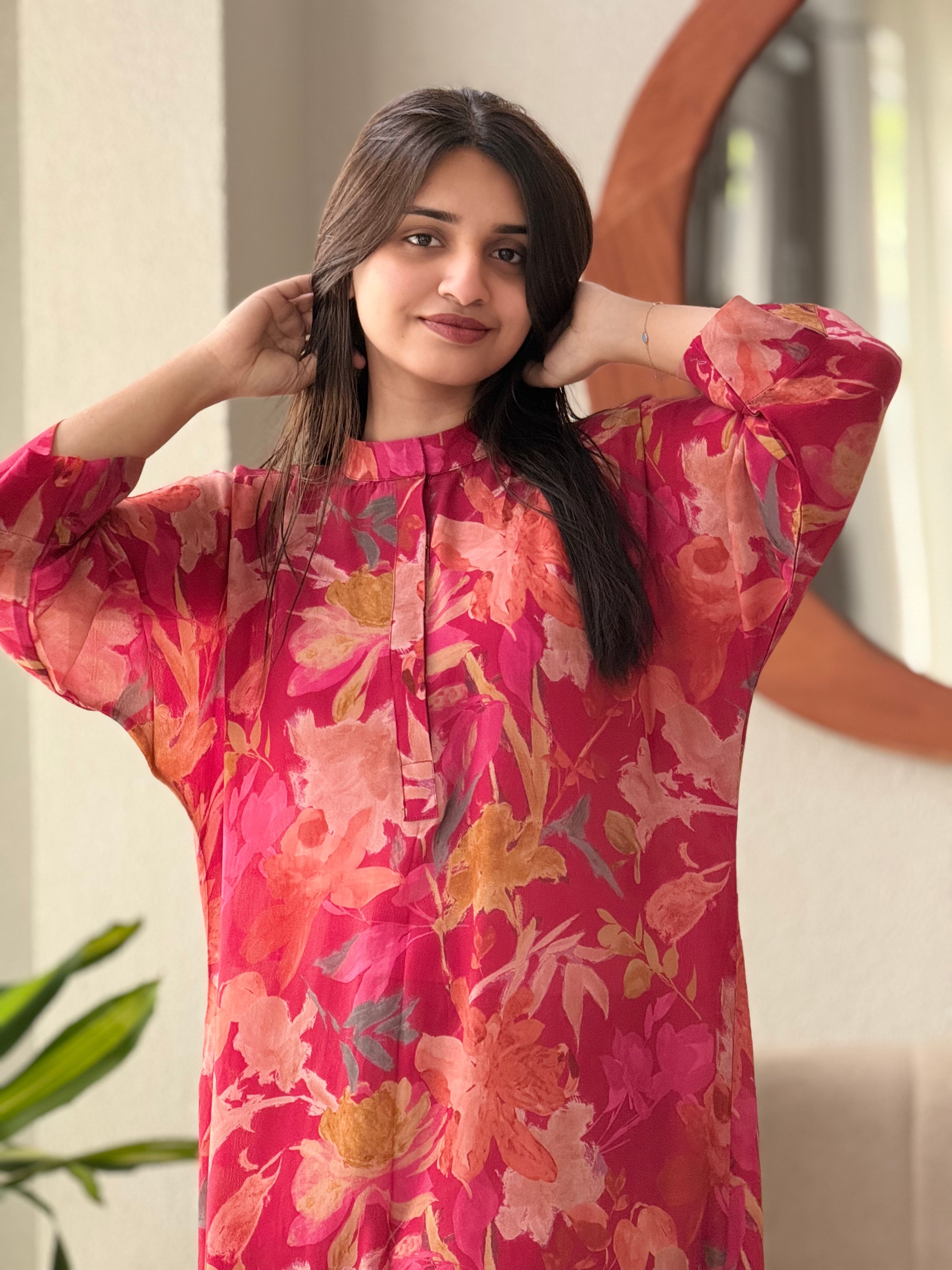 Jin- Floral Printed Pink Casual Kurta