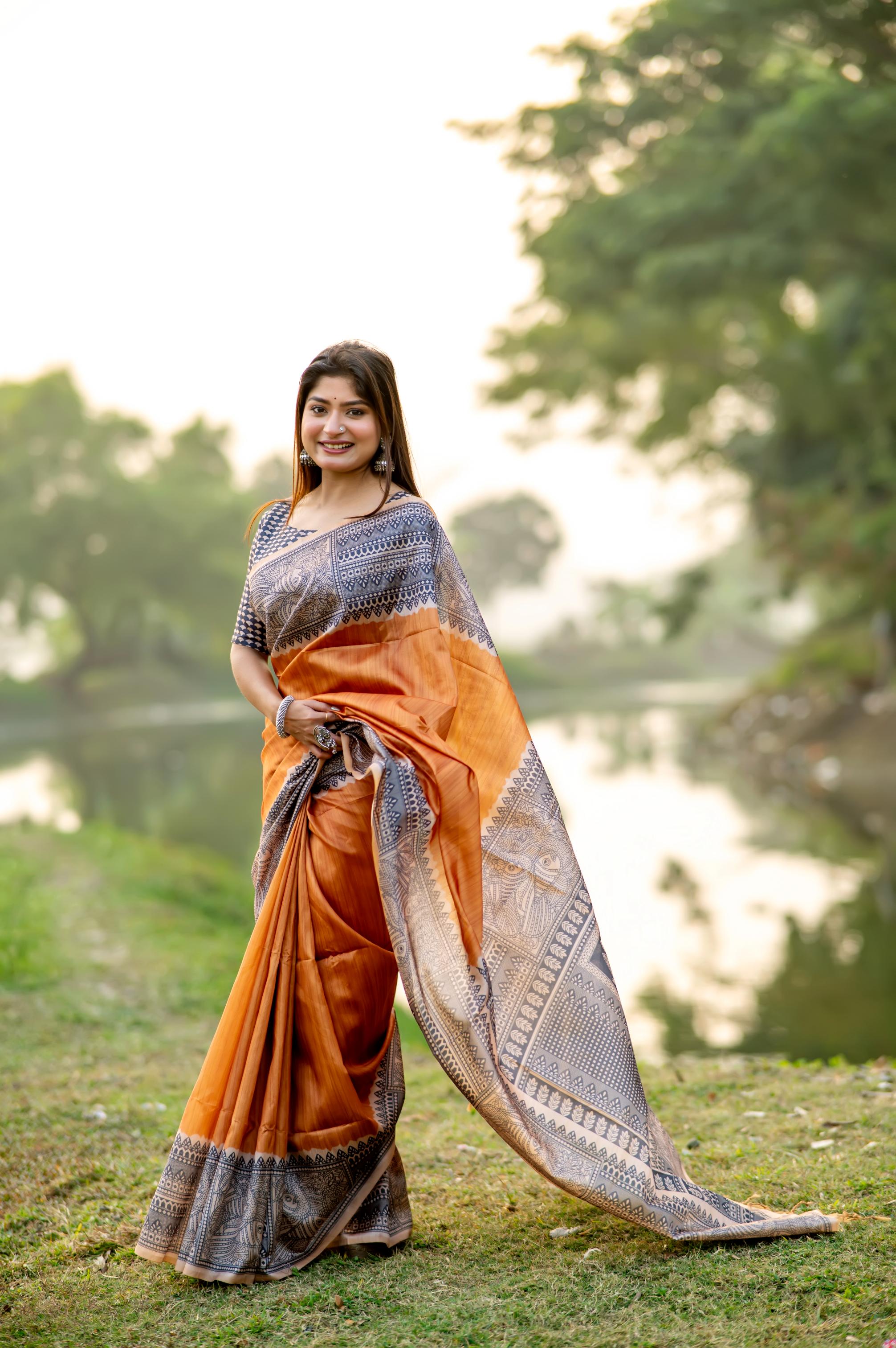 Muskan- Traditional Warli Print Saree in Copper & Charcoal Hues