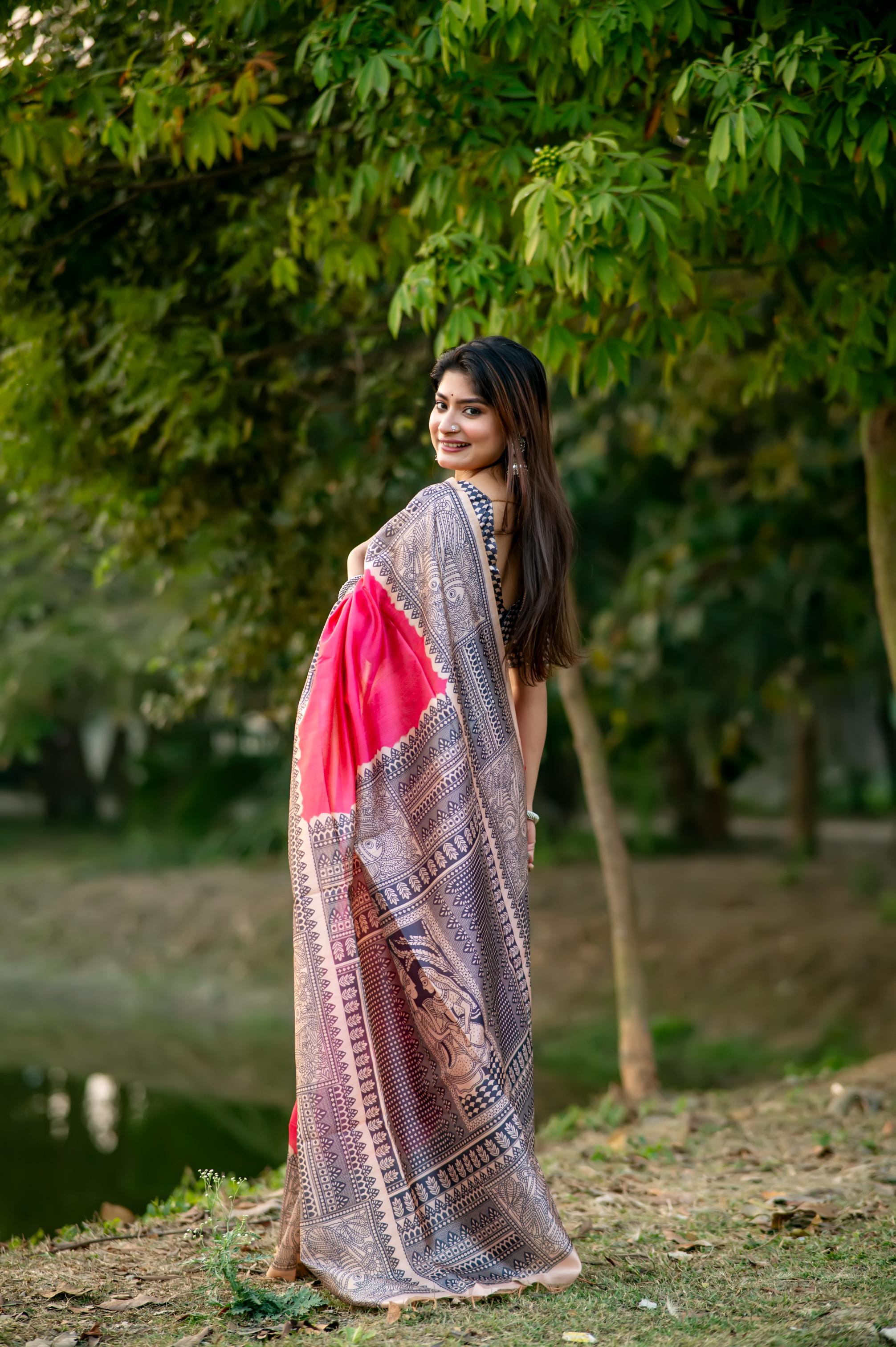 Muskan- Traditional Warli Print Saree in Copper & Charcoal Hues