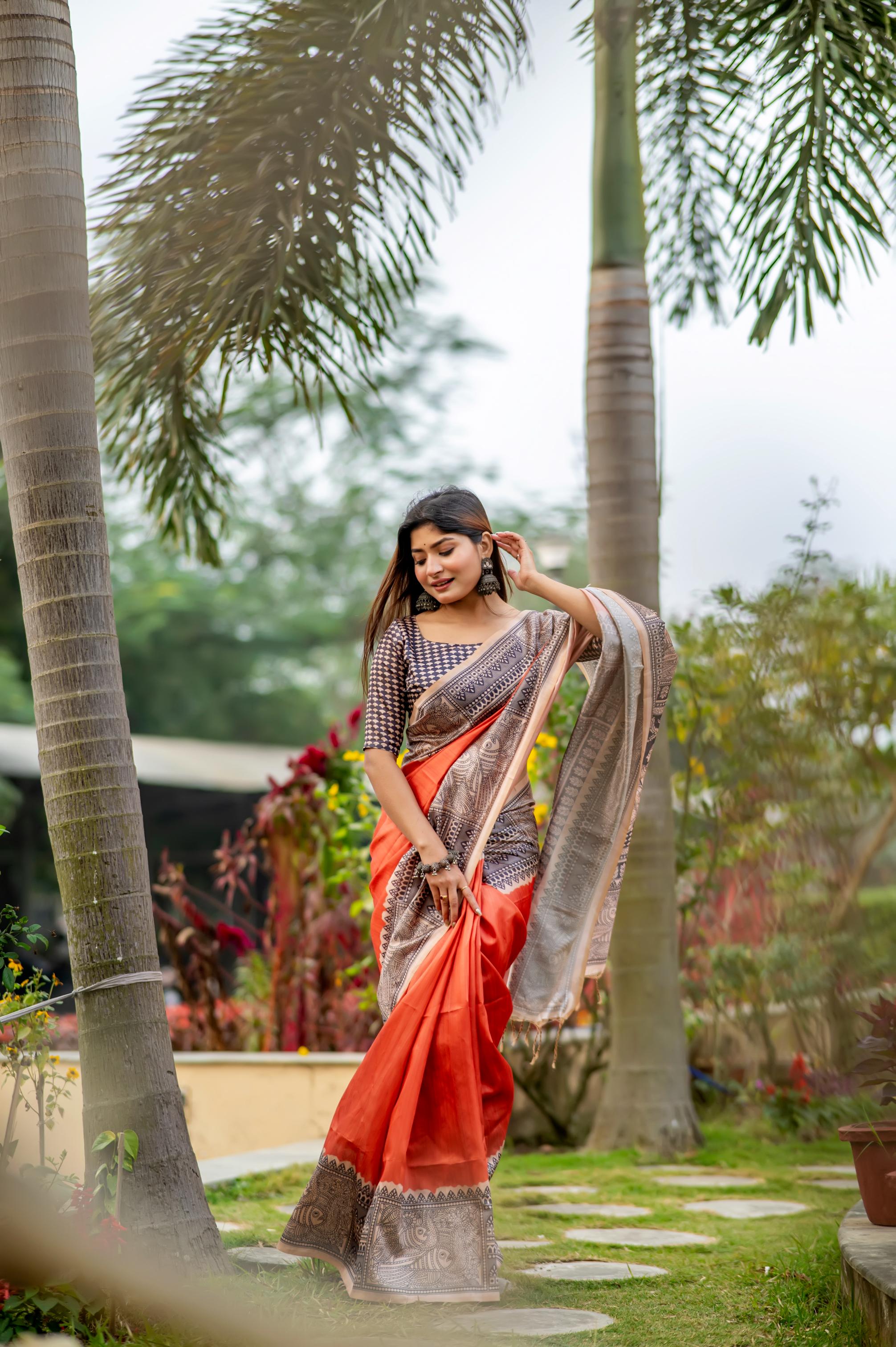 Muskan- Traditional Warli Print Saree in Copper & Charcoal Hues